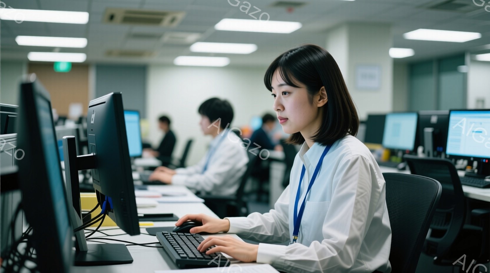 オフィスでコンピューターに向かって作業している若い女性が写っています。彼女は白いシャツを着ており、短い黒髪で、集中した表情でキーボードを打っています。背景には、他の従業員が仕事をしているオフィス環境が - AI生成フリー素材