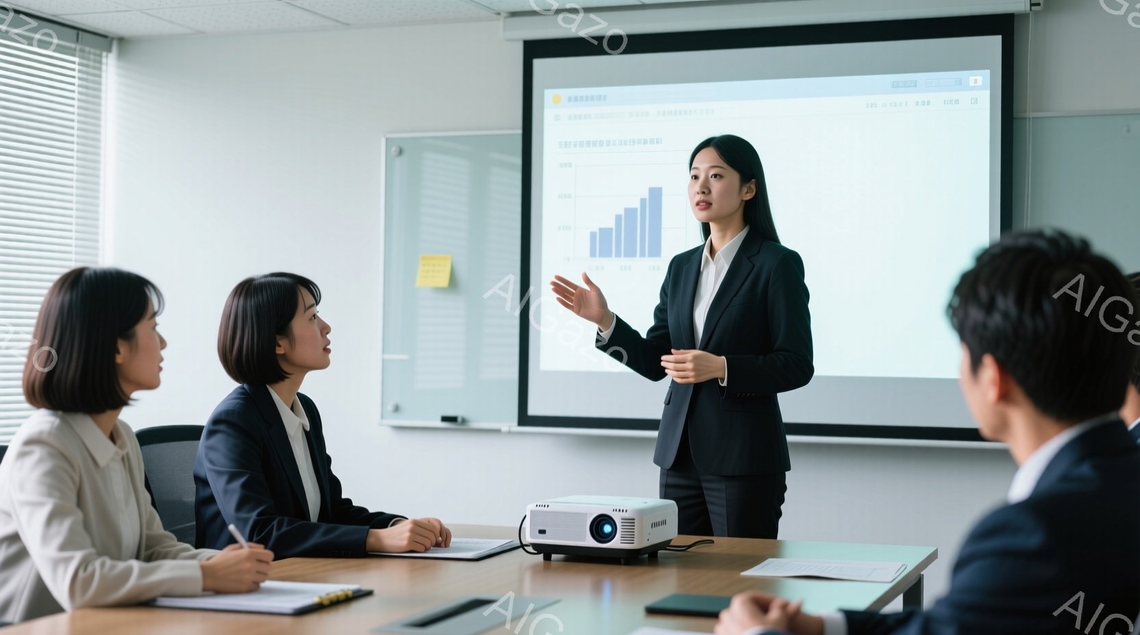 会議室で女性がプレゼンテーションを行っている様子が写っている。彼女は黒いスーツを着ており、片手を広げて説明をしている。参加者はテーブルを囲んで座っており、注意深く彼女の話を聞いている。