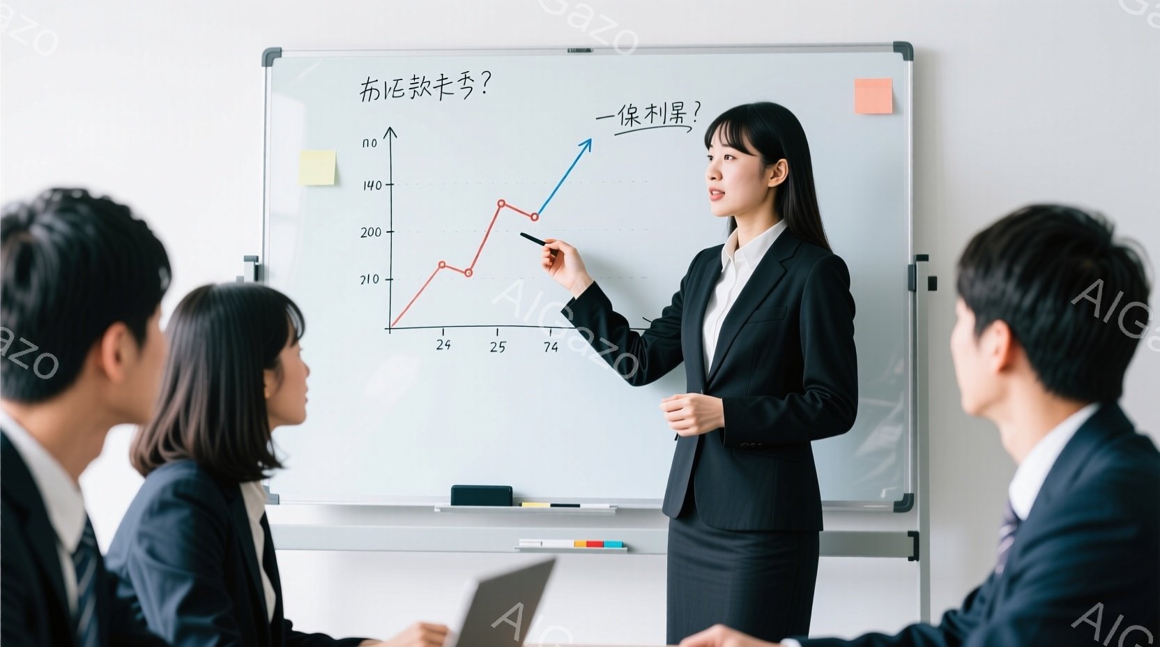 白い壁を背景に、ビジネススーツを着た女性がプレゼンテーションをしている様子が写っている。彼女は黒いジャケットとスカートを着用し、髪は後ろでまとめており、グラフを指しながら何かを説明しているようだ。参加 - AI生成フリー素材