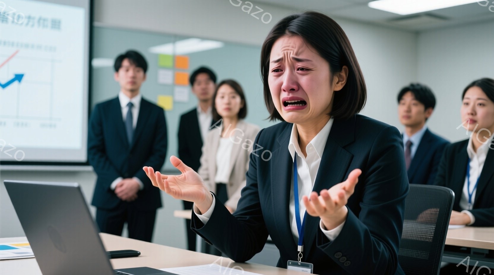 紺色のスーツを着た若い女性が、困惑した表情で両手を広げている。彼女の背後には、同じようにスーツを着た同僚たちが立っており、背景にはグラフが描かれたホワイトボードが見える。全体的に、オフィスで何か問題が - AI生成フリー素材