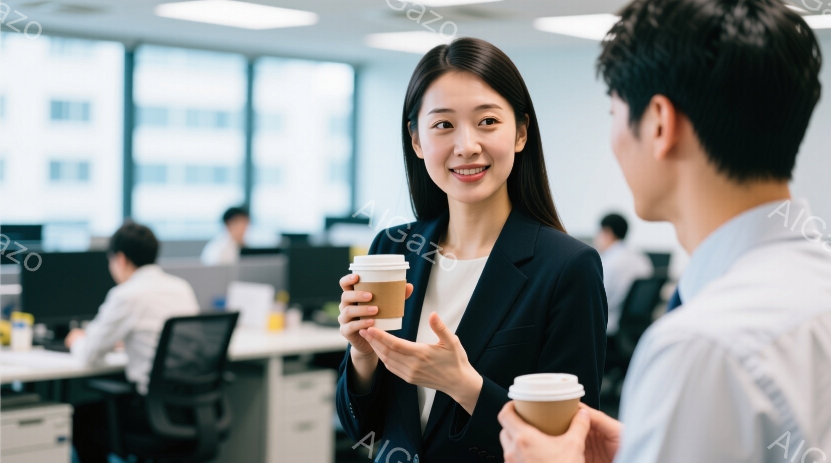 オフィスでコーヒーカップを持った女性が写っています。彼女は白いブラウスに黒いジャケットを着ており、髪はストレートで肩にかかっています。笑顔で誰かと会話しているような雰囲気で、姿勢はリラックスしており、周囲には他のオフィスワーカーが見えます。