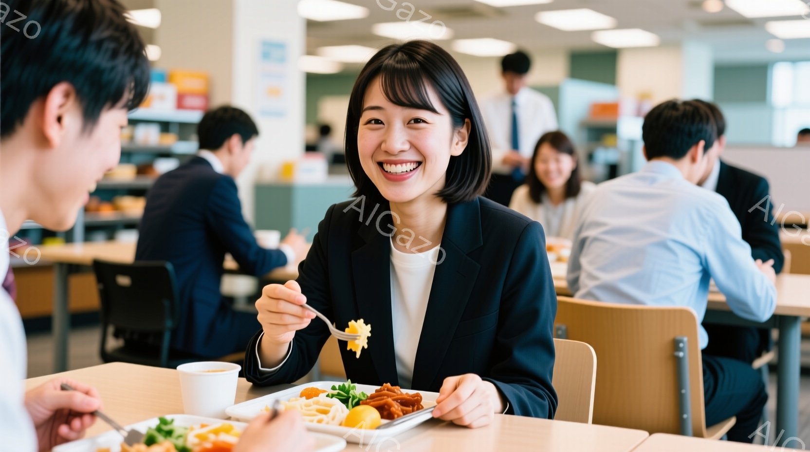 ビジネススーツを着た若い女性が、フォークで食事を楽しんでいる様子が写っています。彼女は短くダークブラウンのヘアスタイルで、笑顔でカメラを見ており、周囲には他のビジネスマンや女性も食事をしています。背景 - AI生成フリー素材