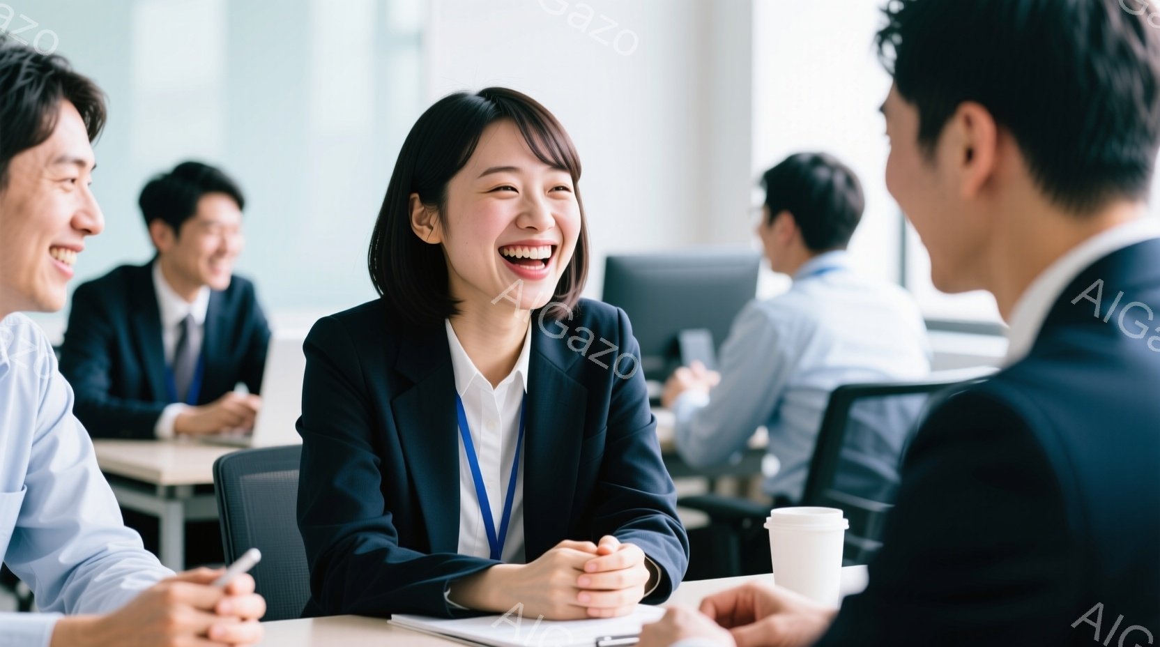 明るいオフィスで会議中の人々が写っている。女性は黒いジャケットに白いシャツ姿で、満面の笑みを浮かべ、両手を重ねて座っている。他の参加者もビジネススーツを着用し、リラックスした雰囲気で会話を楽しんでいる - AI生成フリー素材