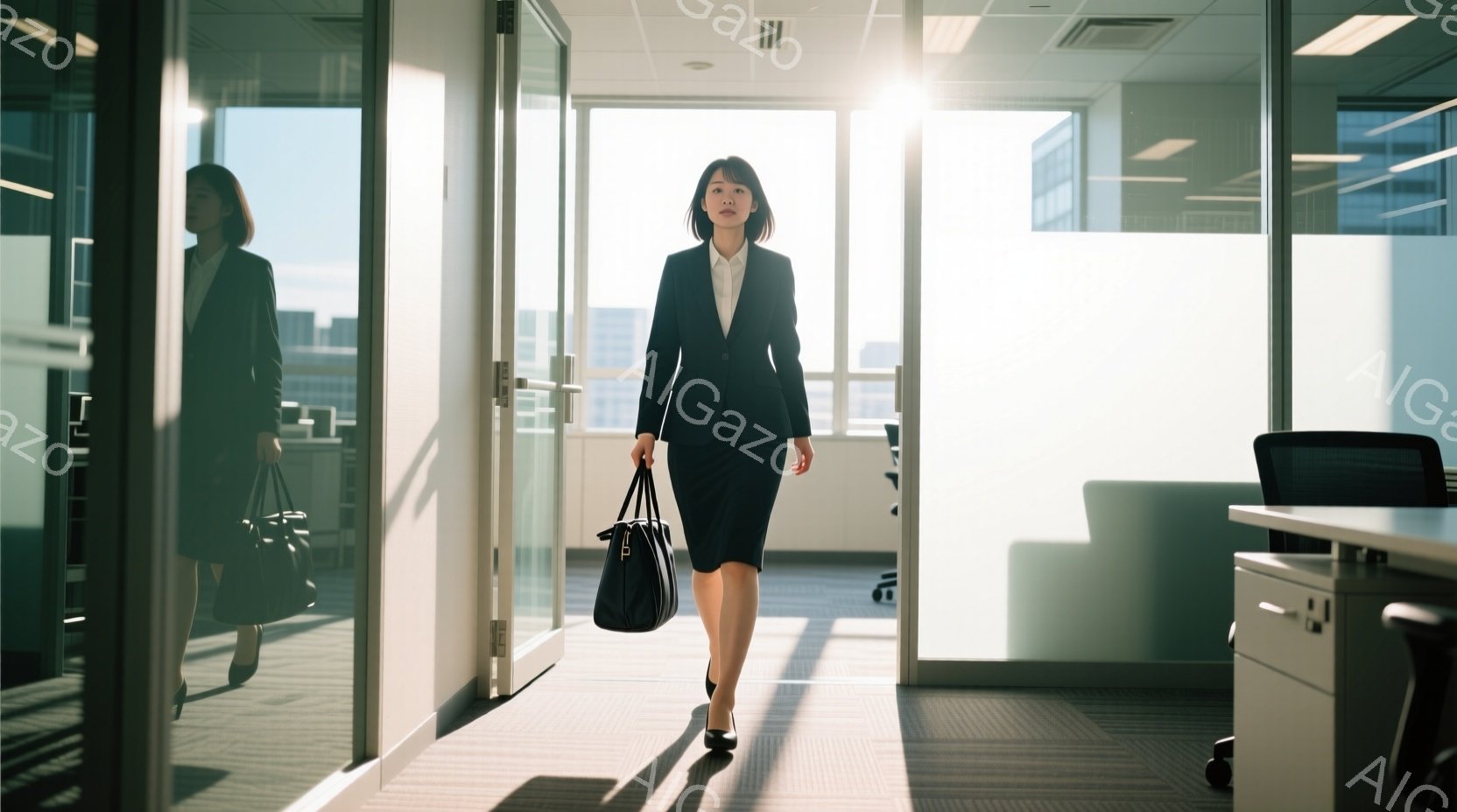 黒いスーツとスカートの女性がオフィス内を歩いている。彼女は黒いハンドバッグを持ち、前を向いて歩いているが、表情ははっきりと見えない。背景には、自然光が入る大きな窓と、オフィス家具が見え、全体的に明るく清潔な印象を与える。