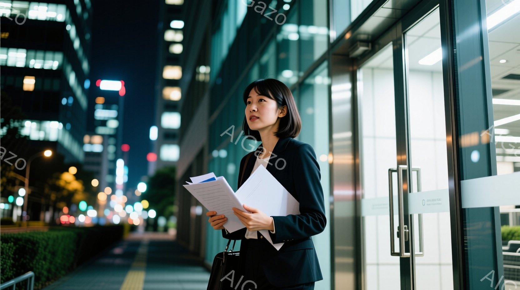 黒いスーツを着た若い女性が、書類を抱えて夜の街を歩いている。彼女は少し上を見上げ、真剣な表情で何かを考えているようだ。背景には高層ビル群がぼやけ、夜景が広がっており、都会的で少しクールな雰囲気を醸し出している。