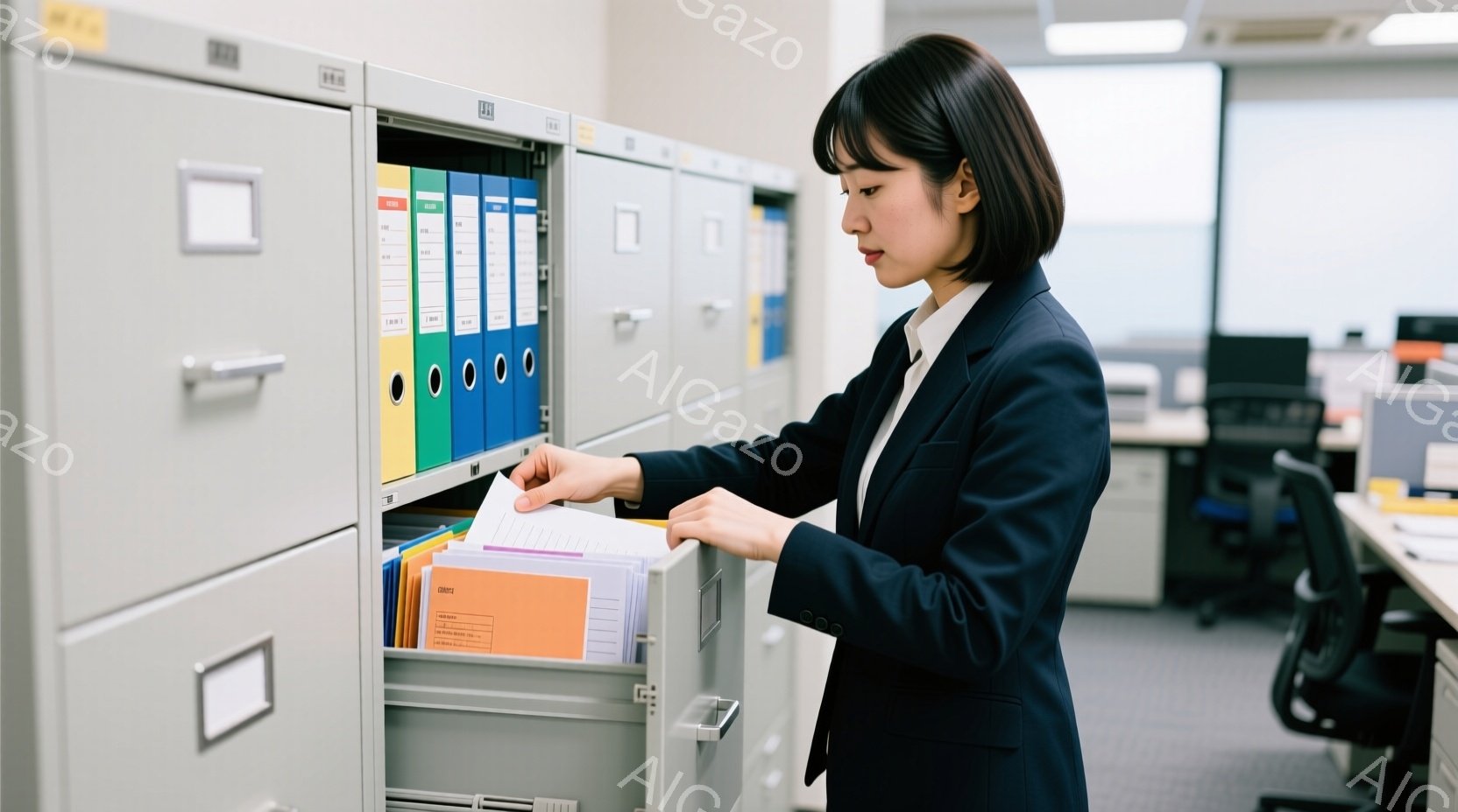 女性は黒髪のショートヘアで、紺色のスーツを着用し、ファイリングキャビネットの中からオレンジ色のファイルを取り出しています。彼女は集中した表情で、キャビネットの引き出しを開け、書類を探す動作をしています。背景にはオフィス内の様子が見え、全体的に落ち着いた、仕事に集中している雰囲気が漂っています。