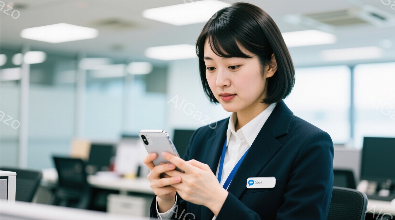 紺色のジャケットと白いシャツを着た若い女性が写っています。彼女は黒髪のショートヘアで、真剣な表情でスマートフォンを操作しています。背景はオフィスで、デスクや椅子が並び、明るく清潔な印象です。 - AI生成フリー素材