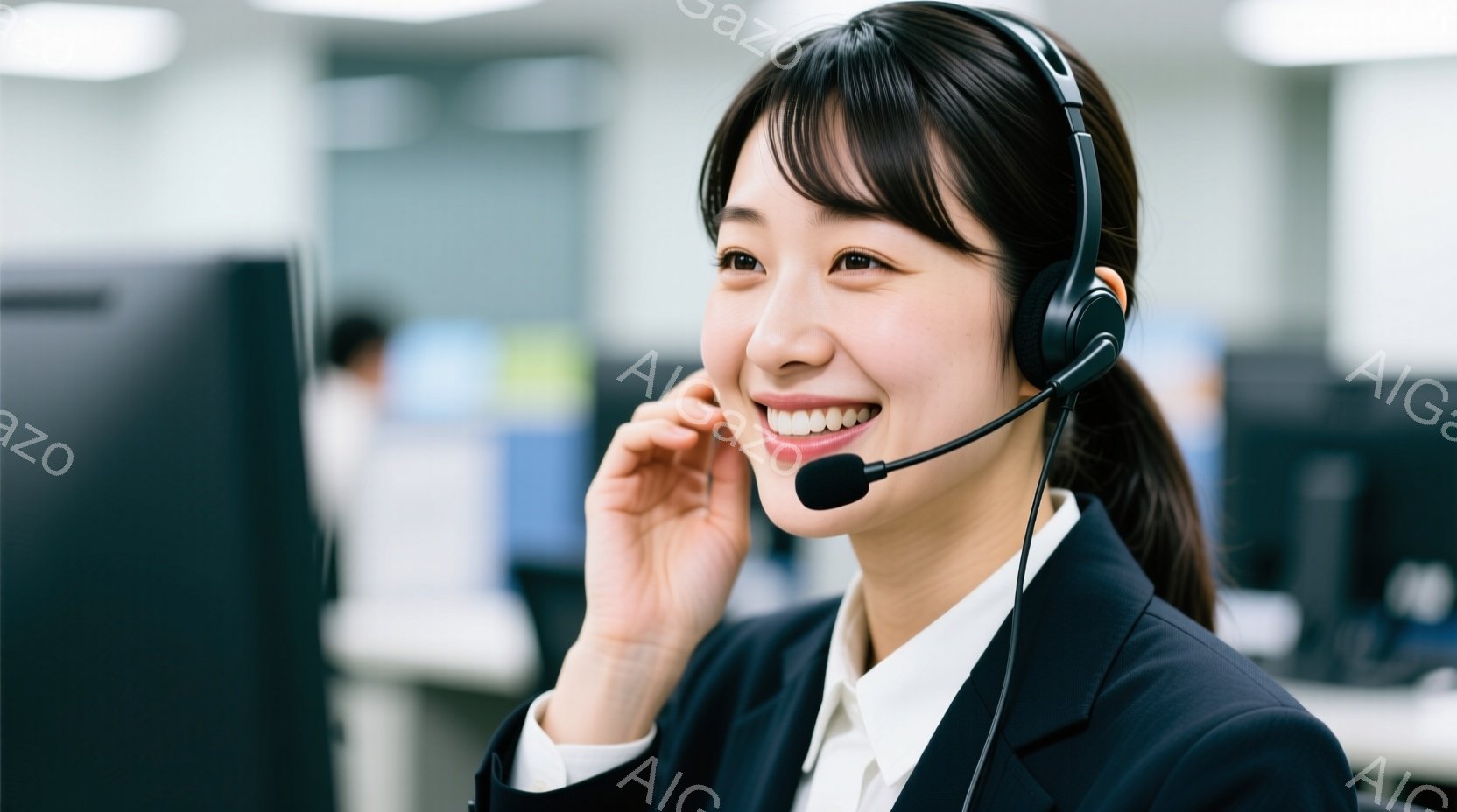 ヘッドセットを着用した若い女性のクローズアップです。彼女は黒いスーツに白いシャツを着ており、笑顔で電話を受けているようです。背景にはオフィスらしき場所がぼやけており、プロフェッショナルで明るい雰囲気が漂っています。