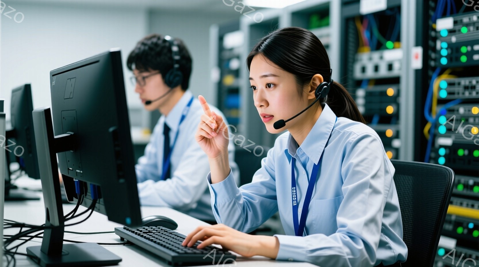 2人のオペレーターがコンピューターに向かい、ヘッドセットを装着して仕事をしている様子が描かれています。女性は青いシャツを着ており、指を立てて何かを説明しているような表情をしています。背景にはサーバーラックが並び、データセンターのような空間であることがわかります。
