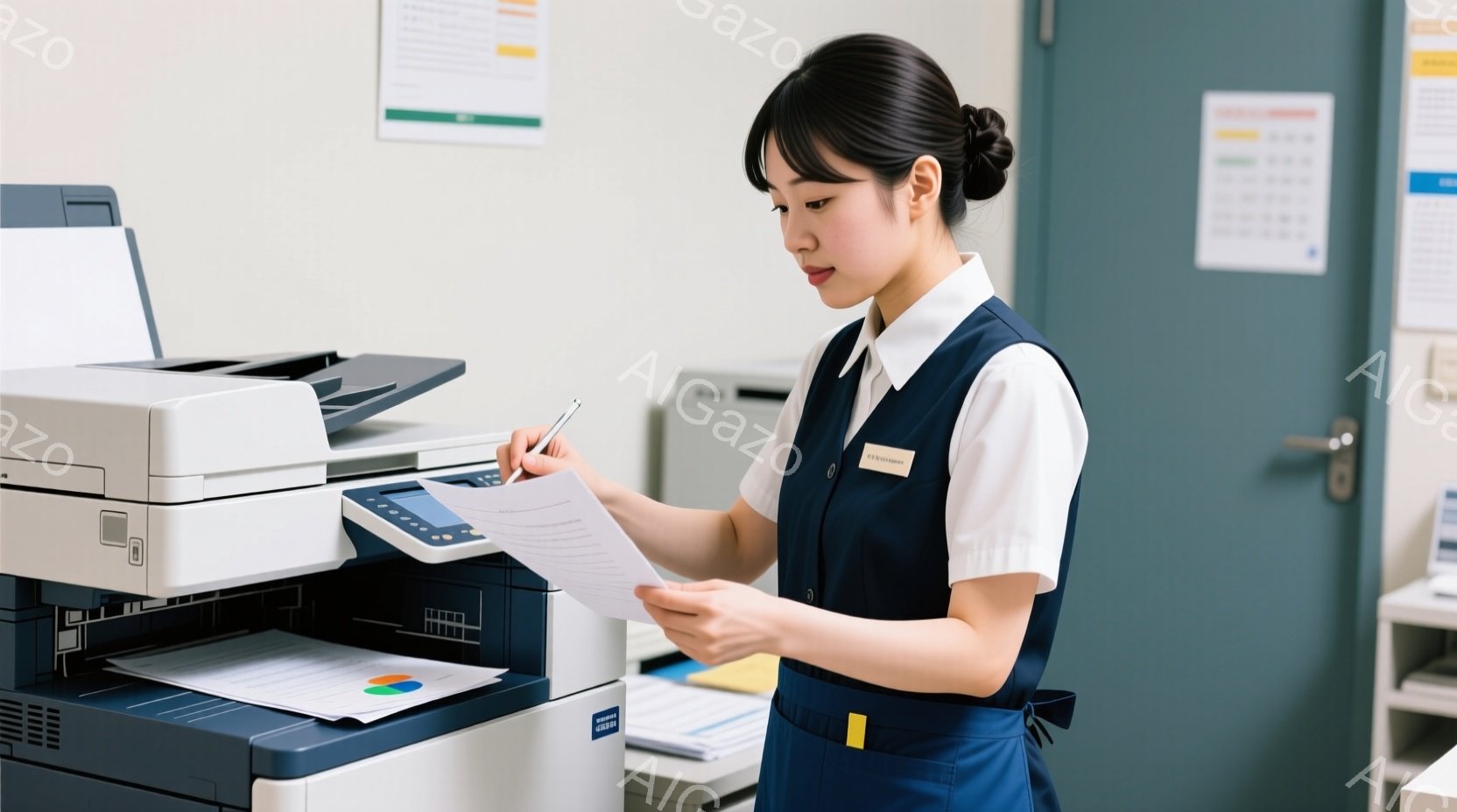 女性は白いブラウスと紺色のベストを着用し、名札をつけています。彼女は書類を手に持ち、コピー機で操作している様子で、真剣な表情で書類を見つめています。背景にはコピー機や書類棚があり、オフィスのような清潔感のある空間が広がっています。