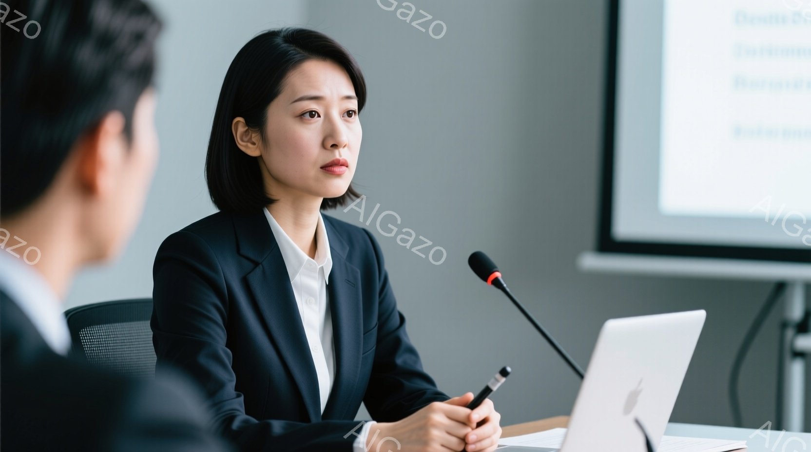 スーツを着た若い女性が、講演をしている様子が写っている。彼女は真剣な表情で、片手にペンを持ち、ノートパソコンの前に座っている。背景にはプレゼンテーションのスライドが映し出され、ビジネスシーンを連想させる落ち着いた雰囲気である。