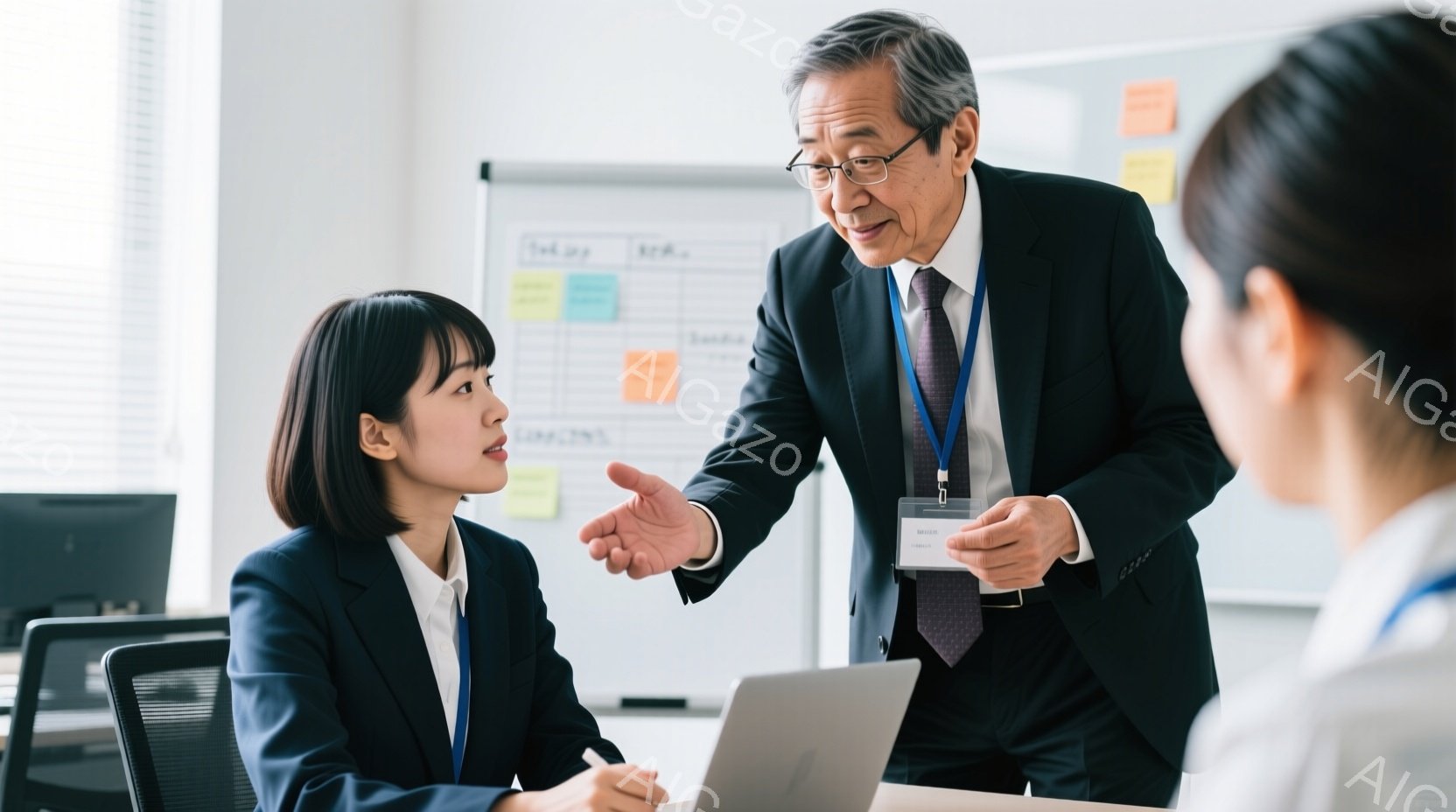 ビジネススーツを着た若い女性と、年配の男性が写っています。女性は黒髪のショートヘアで、真剣な表情でノートパソコンを見つめています。男性はスーツ姿で、身振り手振りながら何かを説明しており、背景にはホワイ - AI生成フリー素材
