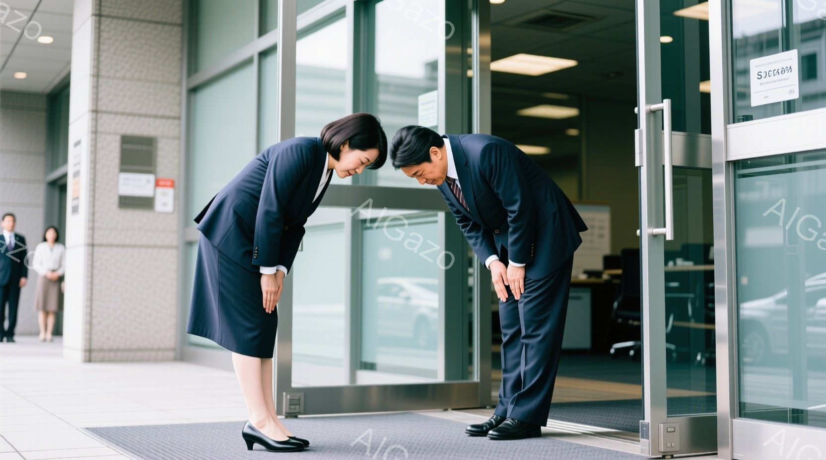 ビジネススーツを着た男女が、入り口の前で深々と頭を下げています。女性は黒いスーツにヒール、男性は紺色のスーツを着ており、真剣な表情で丁寧にお辞儀をしています。背景にはガラス張りの建物があり、晴れた日の - AI生成フリー素材