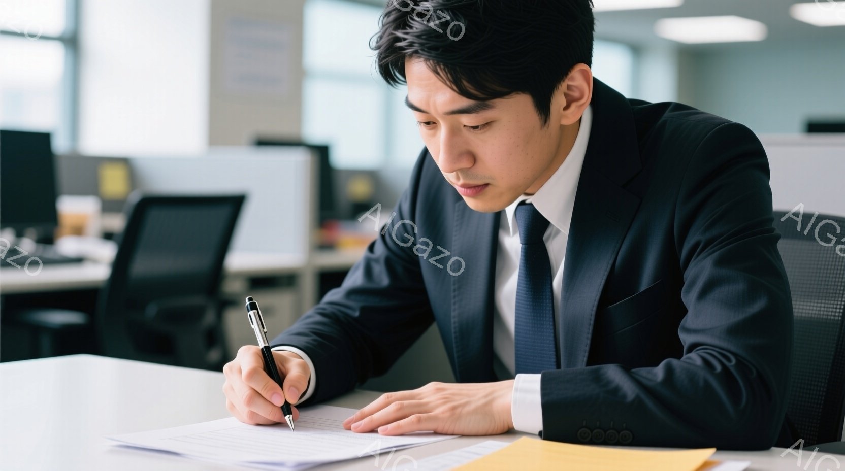 スーツとネクタイを着用した男性が、書類にボールペンで書き込んでいる。彼は真剣な表情で、やや前かがみの姿勢で集中している。背景はオフィスで、他の机や椅子が見え、全体的に落ち着いた雰囲気である。 - AI生成フリー素材