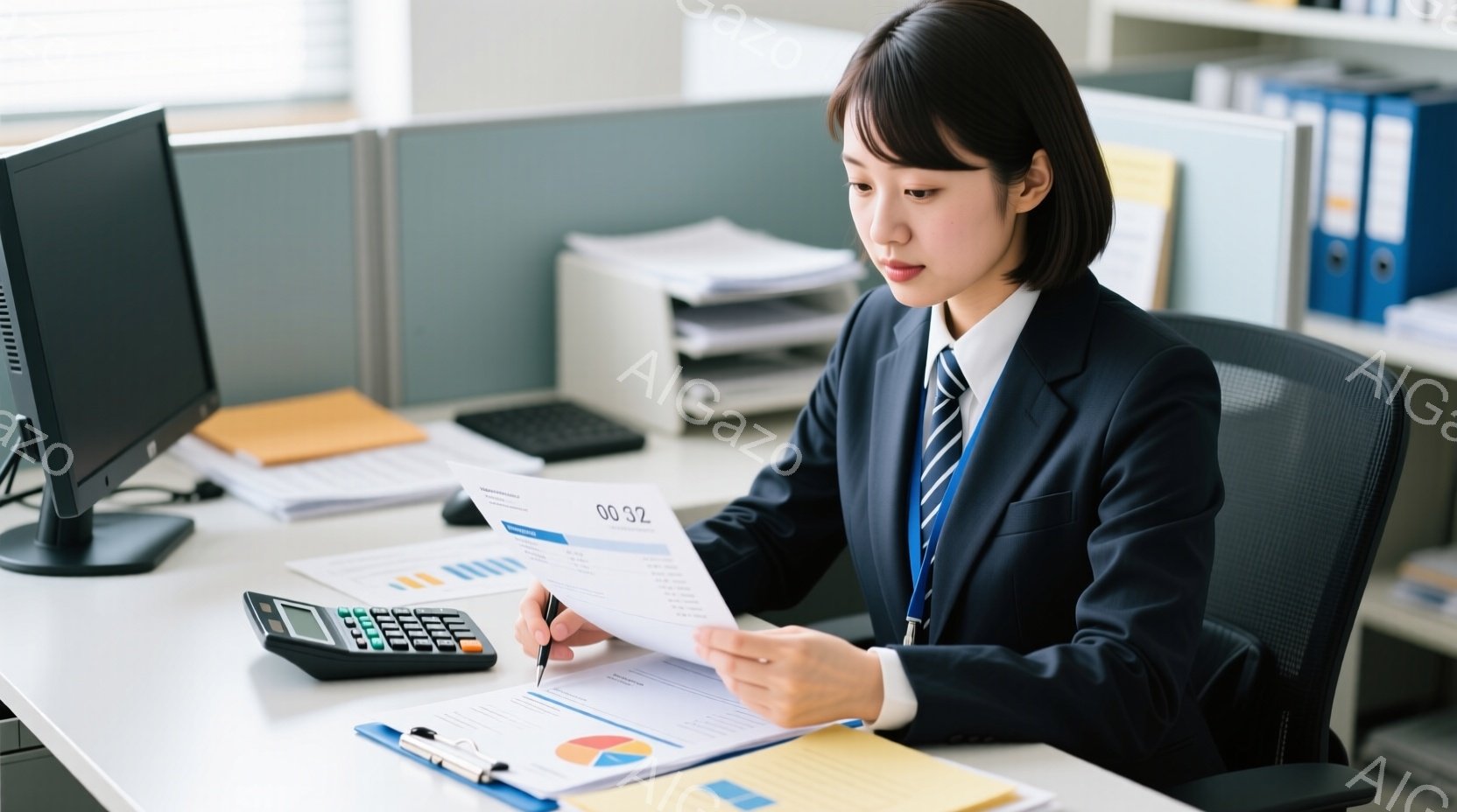 仕事着の女性がオフィスで書類を読んでいます。彼女は紺色のスーツにストライプのシャツを着ており、髪は後ろでまとめています。彼女は集中した表情で書類を見つめ、机の上には電卓、グラフ、筆記用具などが置かれています。
