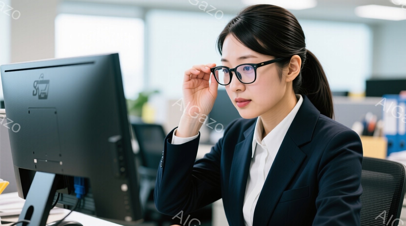 紺色のジャケットと白いシャツを着た女性が、オフィスでパソコンの前に座っています。黒縁のメガネをかけ、少し眉間にしわを寄せ、何かに集中しているか、考え込んでいるような表情をしています。背景にはオフィス内 - AI生成フリー素材