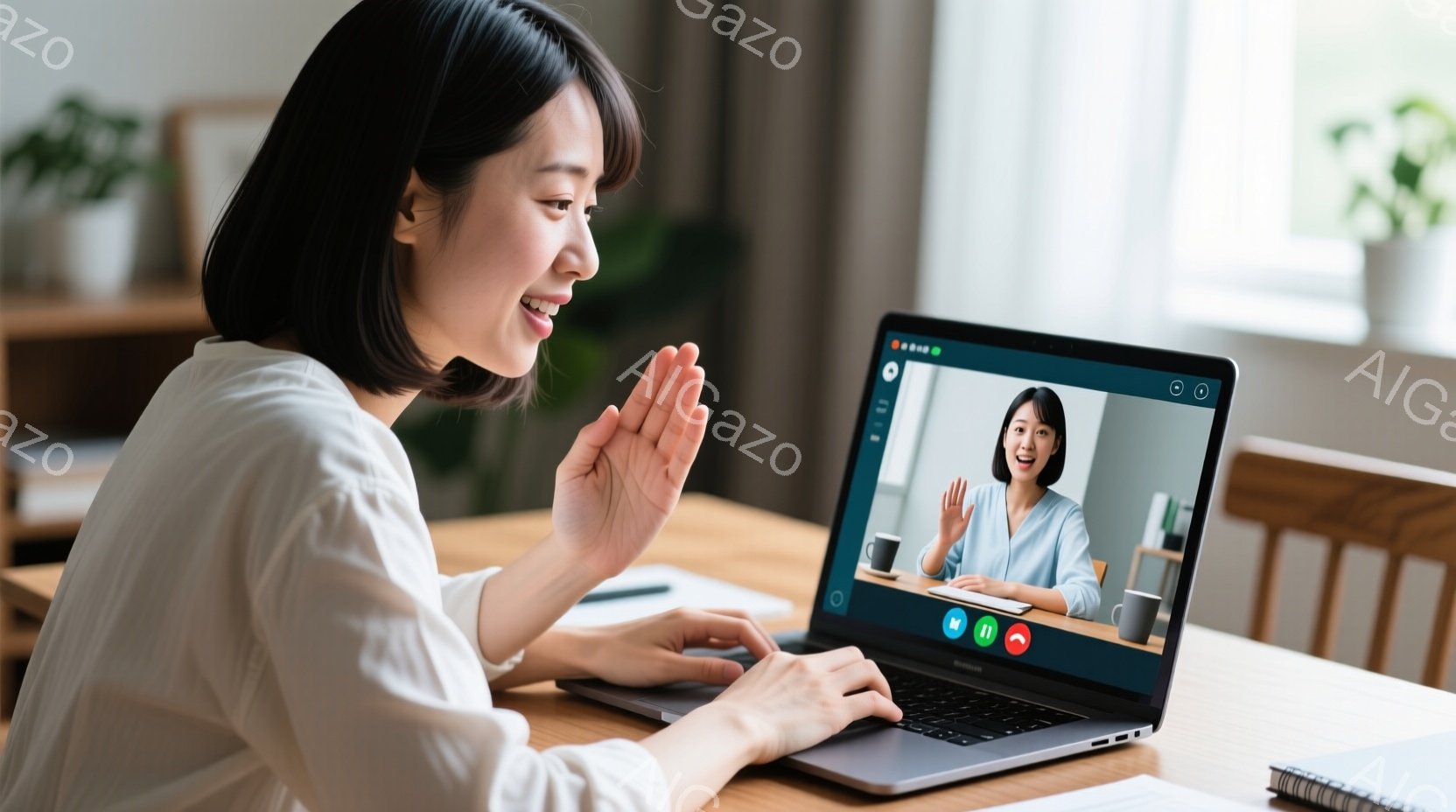 女性がノートパソコンに向かって微笑みながら手を振っています。彼女は白いシャツを着ており、髪は後ろで結ばれています。背景には木製のテーブル、本、そして植物が見え、明るく穏やかな雰囲気が漂っています。 - AI生成フリー素材