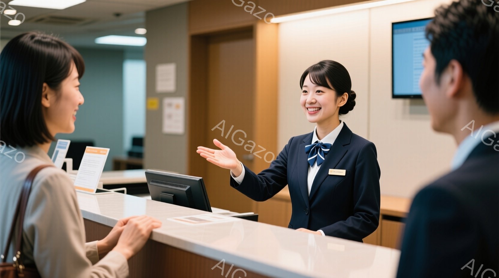 受付カウンターで、制服を着た女性スタッフが笑顔で身振り手振りをしながら、お客様に対応しています。女性は黒いジャケットに青いスカーフ、そして名札をつけており、明るい茶色の髪を後ろにまとめています。背景には、コンピューターモニターや掲示板が見え、室内は清潔で明るい雰囲気です。