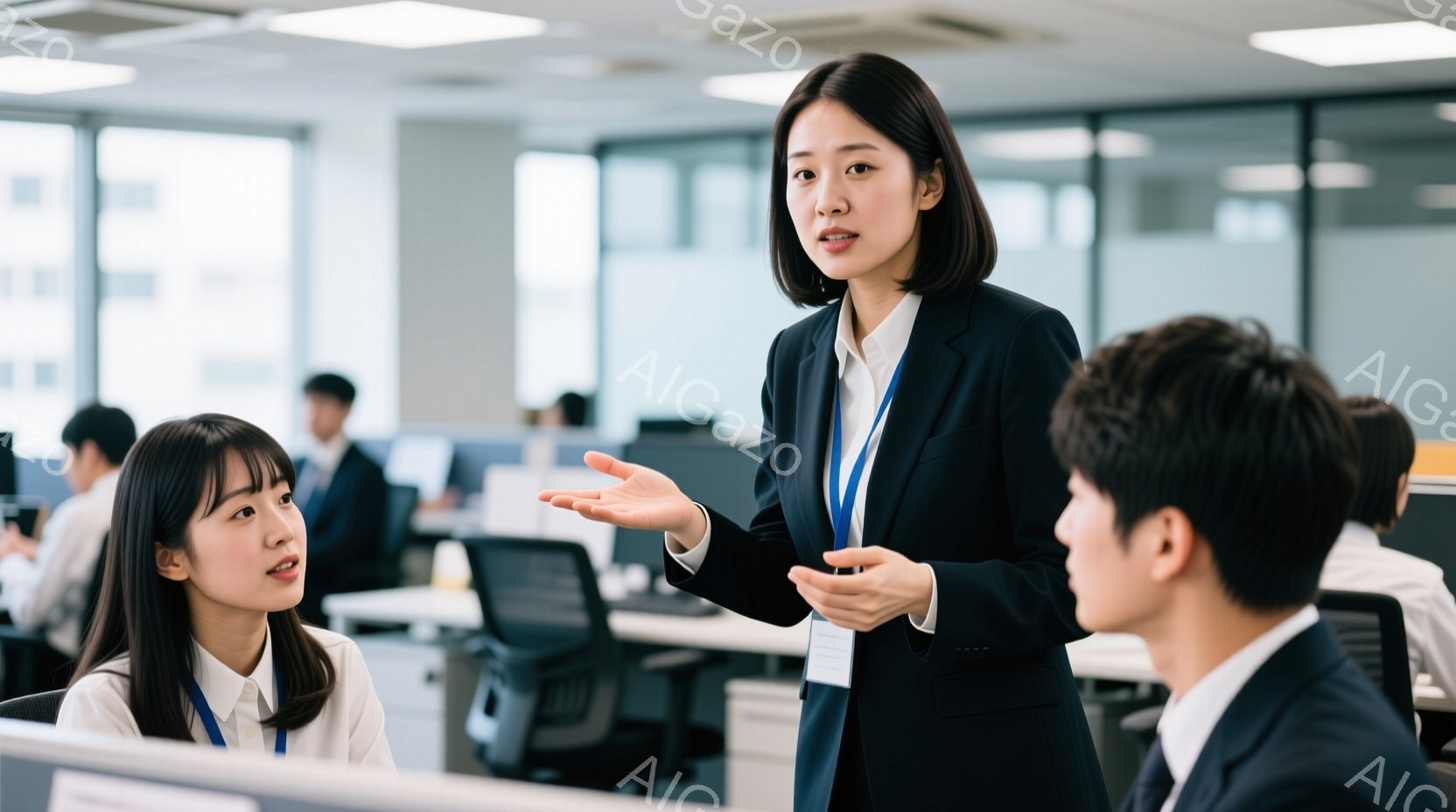 オフィス内で会話する3人のビジネスパーソンが写っています。女性は黒いジャケットと白いシャツを着ており、髪は短く整えられています。彼女は両手を広げ、何かを説明しているようなジェスチャーをしています。 - AI生成フリー素材