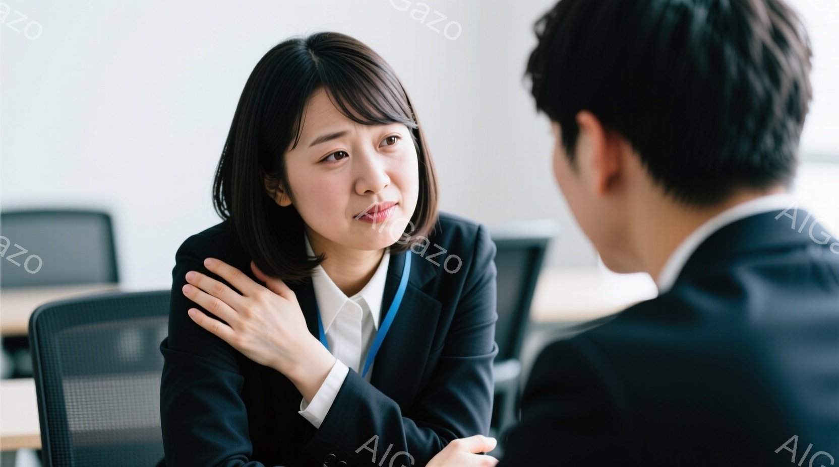 ビジネススーツを着た女性が、少し悲しそうな表情で相手を見つめています。彼女は手を胸に当て、やや不安げな姿勢で座っており、相手との会話に集中している様子が伺えます。背景にはオフィスチェアが並び、落ち着いた雰囲気の室内で面接やカウンセリングが行われているのかもしれません。