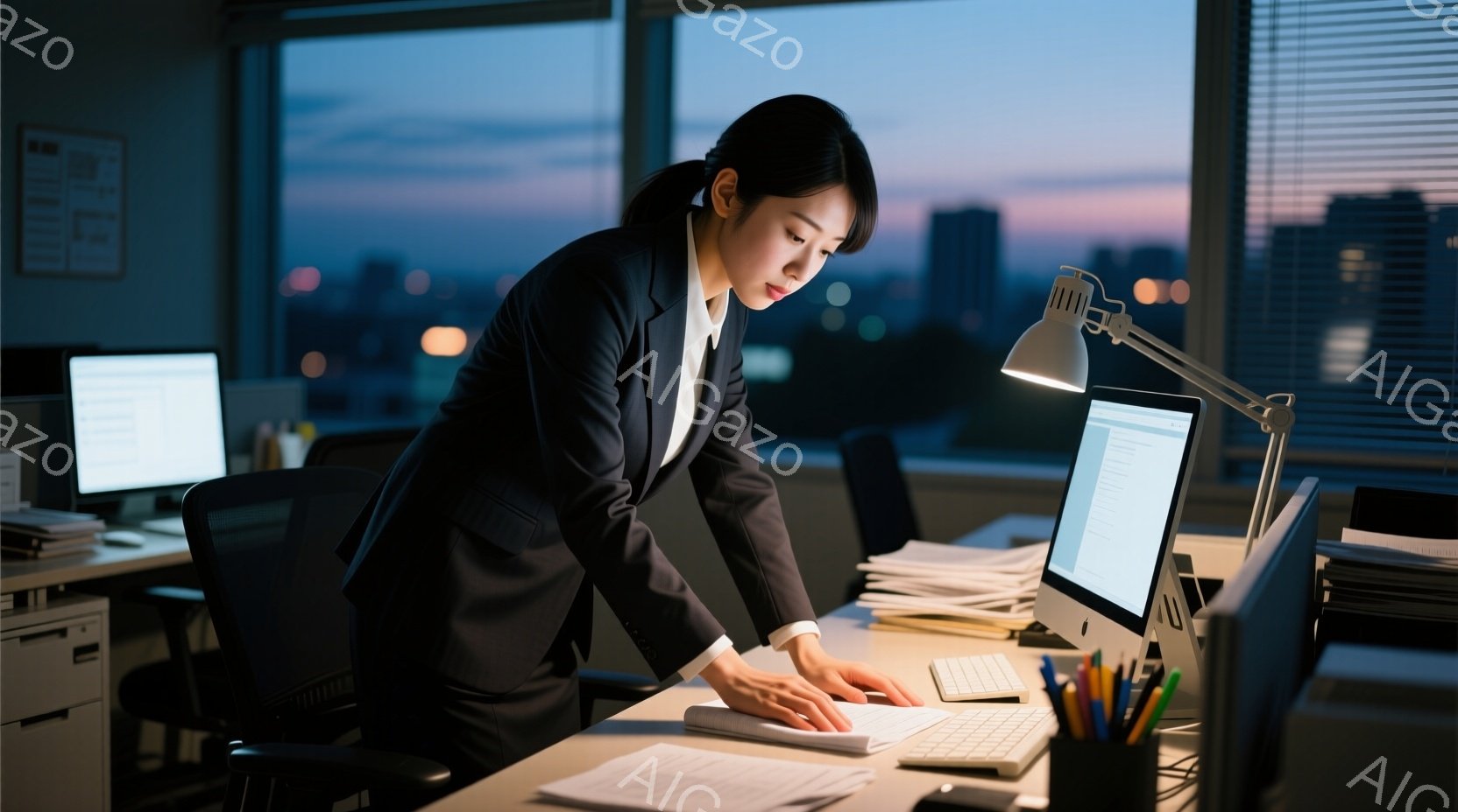 スーツ姿の女性がオフィスで書類に目を通している様子が写っている。彼女は少し前かがみになり、集中した表情で書類を見つめている。背景には夕暮れ時の都市の景色が広がり、オフィス内はデスクライトの光で照らされている、夜勤で疲れている様子が伺える。