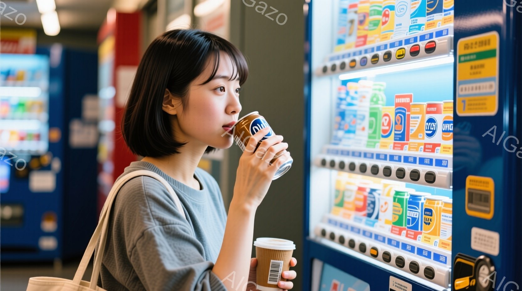 若い女性が自販機の前で飲み物を手にしている様子が写っています。彼女はグレーのシャツを着ており、短めの黒髪です。自販機には様々な種類の飲み物が並び、背景はぼやけていますが、屋内であることがわかります。
