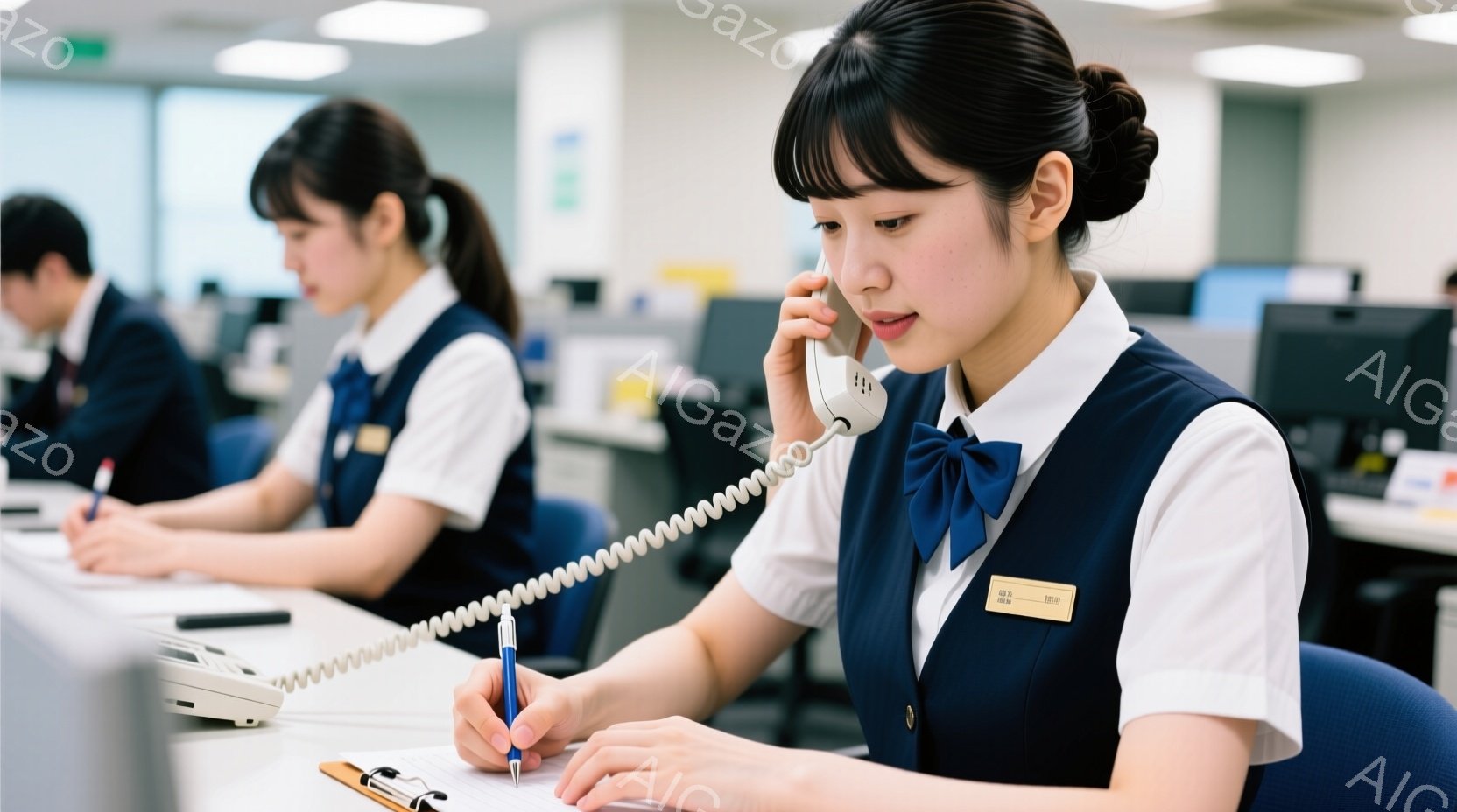紺色のベストと白いシャツを着た若い女性が電話を受けている。彼女は黒髪で、丁寧にメモを取りながら真剣な表情で話を聞いている。背景には他の社員がオフィスで仕事をしている様子が見え、全体的に清潔でプロフェッショナルな雰囲気が漂っている。