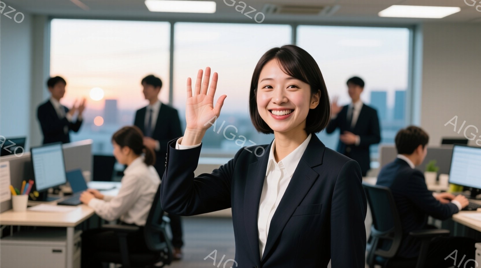 オフィスで働く人々の様子を捉えています。一人の女性が前に出て、明るい笑顔で手を振っており、黒いスーツに白いシャツを着ています。背景には、他のオフィスワーカーが仕事をしている様子と、夕焼けに照らされた都 - AI生成フリー素材