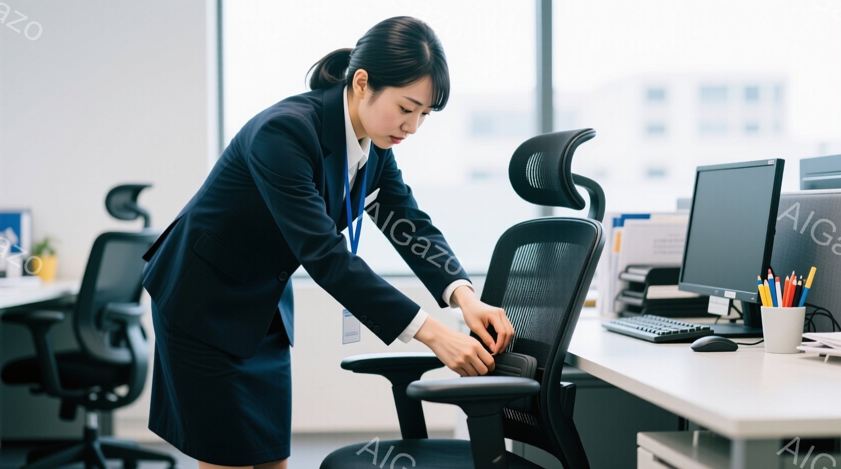 ネイビーブルーのスーツを着た女性が、オフィスチェアの調整レバーを操作している。彼女は髪を後ろでまとめ、真剣な表情で椅子に向き合っている。背景には、整然としたオフィス空間と窓の外の都市の風景が見え、全体 - AI生成フリー素材
