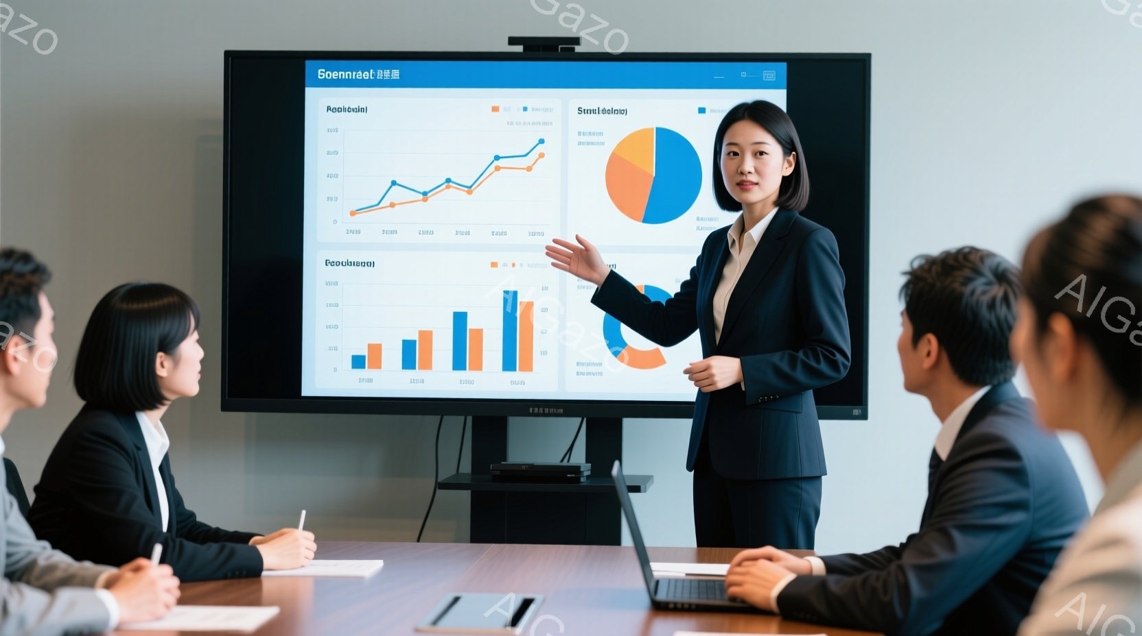 一人の女性がプレゼンテーションを行っており、ビジネススーツを着て、髪は後ろにまとめている。彼女は指でグラフを指し示し、自信に満ちた表情で聴衆に説明しているように見える。背景には、テーブルを囲んで座って - AI生成フリー素材