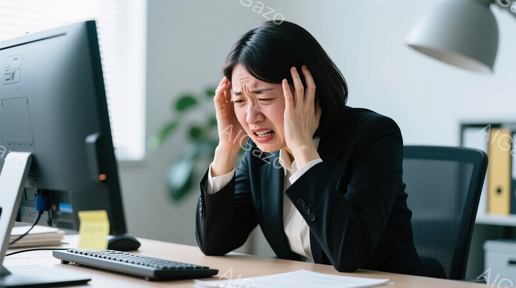 黒いジャケットと白いシャツを着た女性が、デスクで頭を抱えています。彼女は明らかに苦悩しており、顔はしかめっ面で、目は閉じられています。背景には、オフィス家具や書類、そしてわずかに見える植物があり、全体的にストレスを感じさせる雰囲気です。