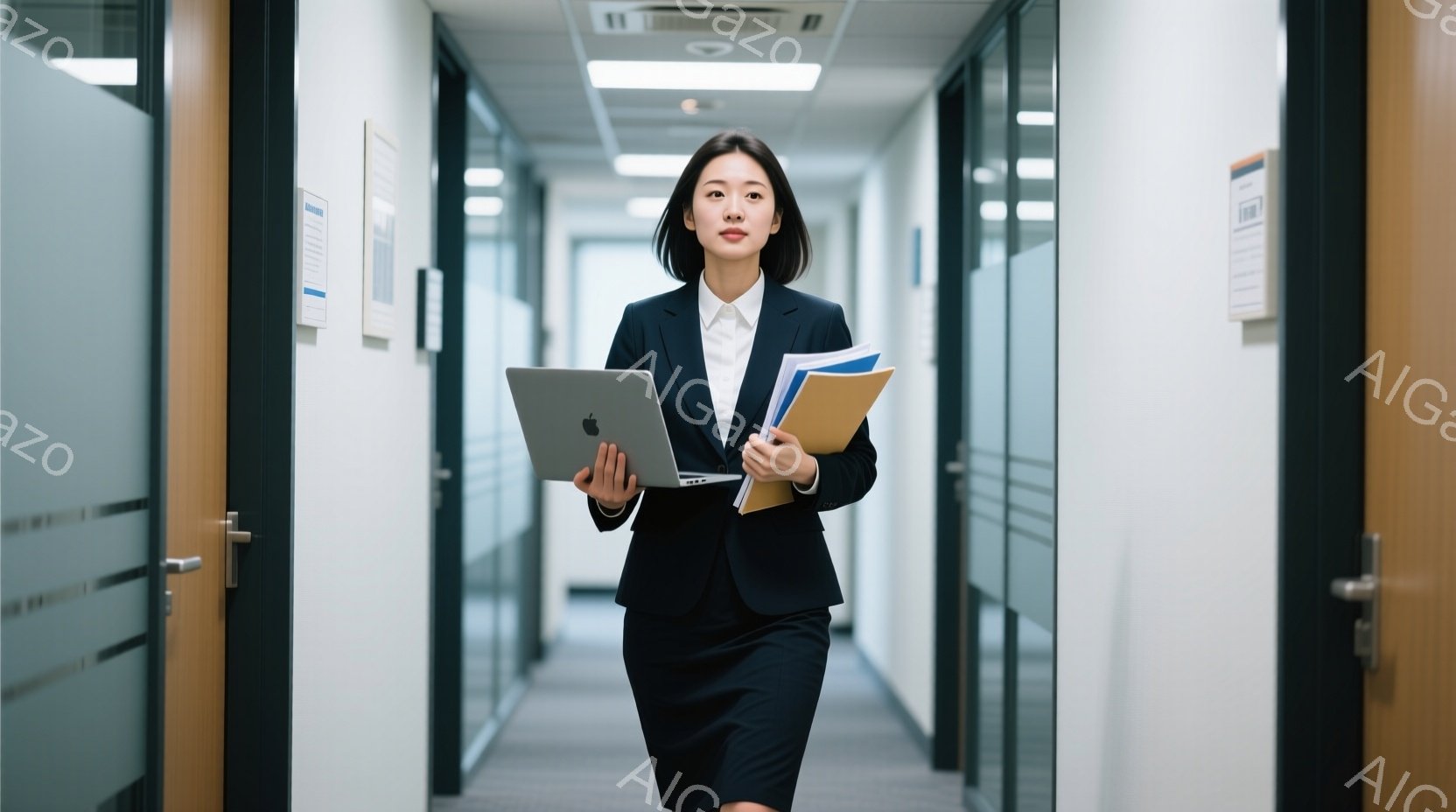 黒いスーツとスカートを着た女性が、廊下を歩いています。彼女は左手にノートパソコン、右手に書類の束を持ち、前方をまっすぐ見て、真剣な表情をしています。背景はオフィス内の廊下で、ドアが等間隔に並び、明るい - AI生成フリー素材