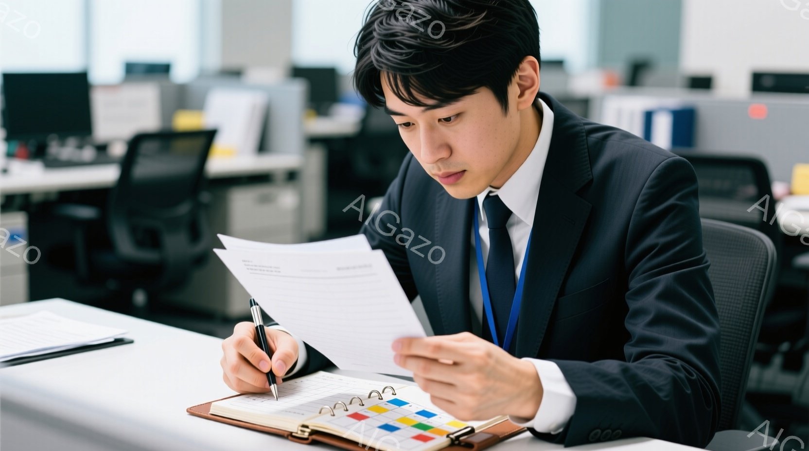 若い男性がスーツとネクタイ姿で、オフィスで書類にペンで書き込んでいる。彼は少し前かがみの姿勢で集中した表情をしており、左手には書類、右手にはペンを持っている。背景には他のオフィスワーカーやオフィス家具 - AI生成フリー素材