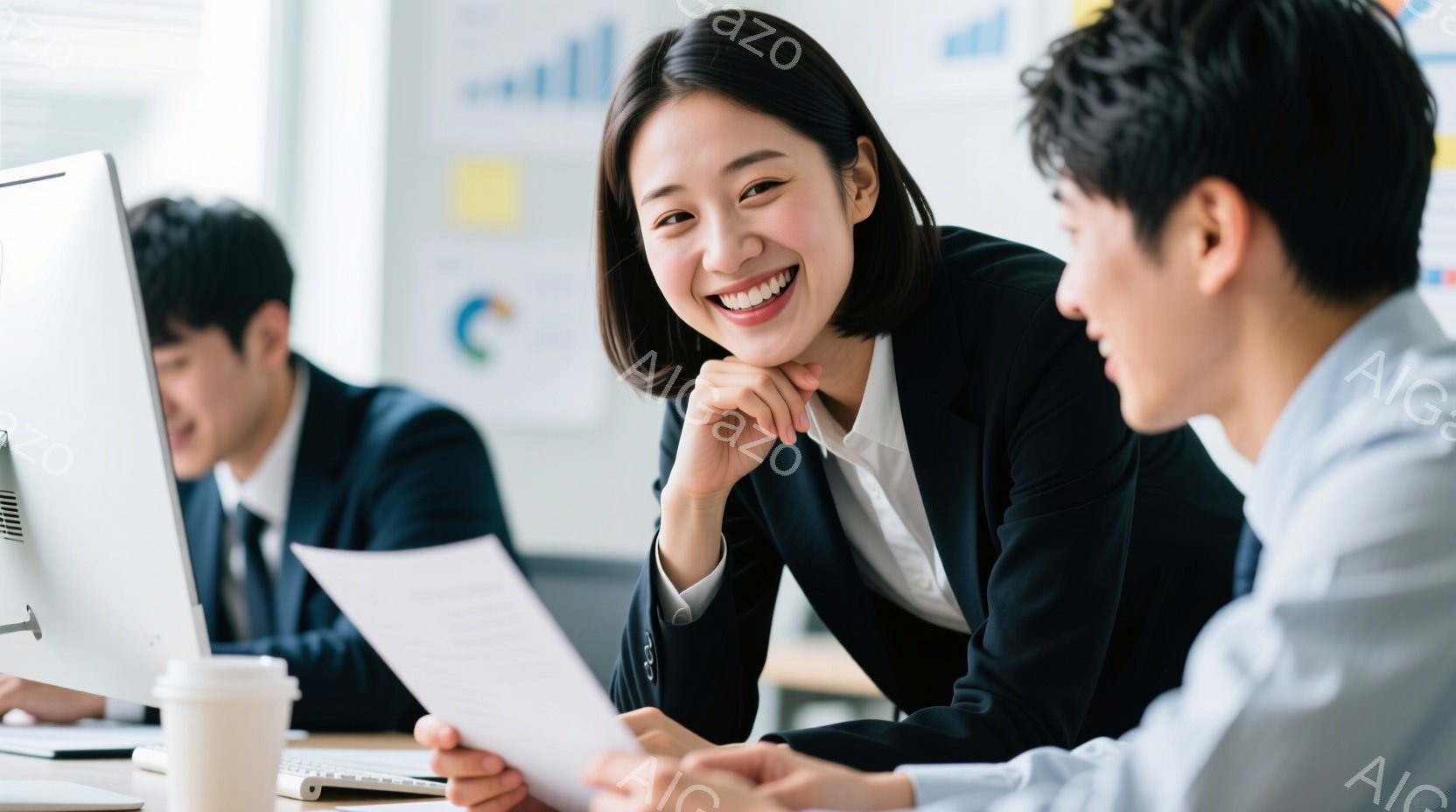 ビジネススーツを着た若い女性が笑顔で誰かと話している様子が写っています。彼女は黒いジャケットと白いシャツを着ており、髪は肩の高さで内側にカールしています。背景には、パソコンに向かって作業している男性や - AI生成フリー素材