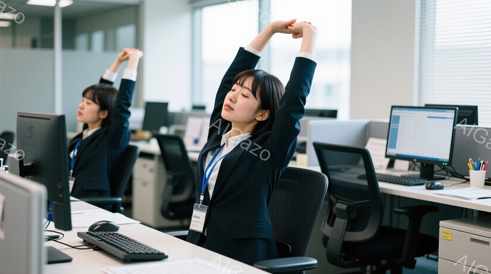 紺色のスーツジャケットと白いシャツを着た女性が、オフィスでストレッチをしている。彼女は両腕を上げて、リラックスした表情で目を閉じている。背景には、整然と並んだオフィスデスクとパソコン、そして他の社員の - AI生成フリー素材