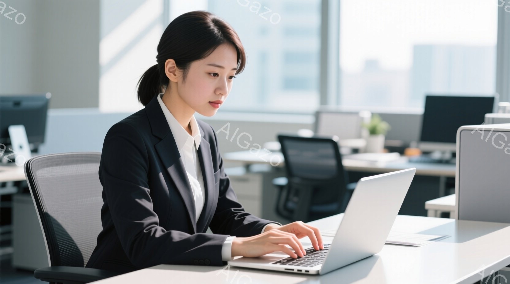 ビジネスウーマンが、明るいオフィスでノートパソコンを操作している様子が写っている。彼女は黒いスーツに白いシャツを着ており、髪は後ろでまとめている。集中した表情でタイピングしており、周囲には他のオフィス機器や、窓から見える都市の風景がぼんやりと見える。