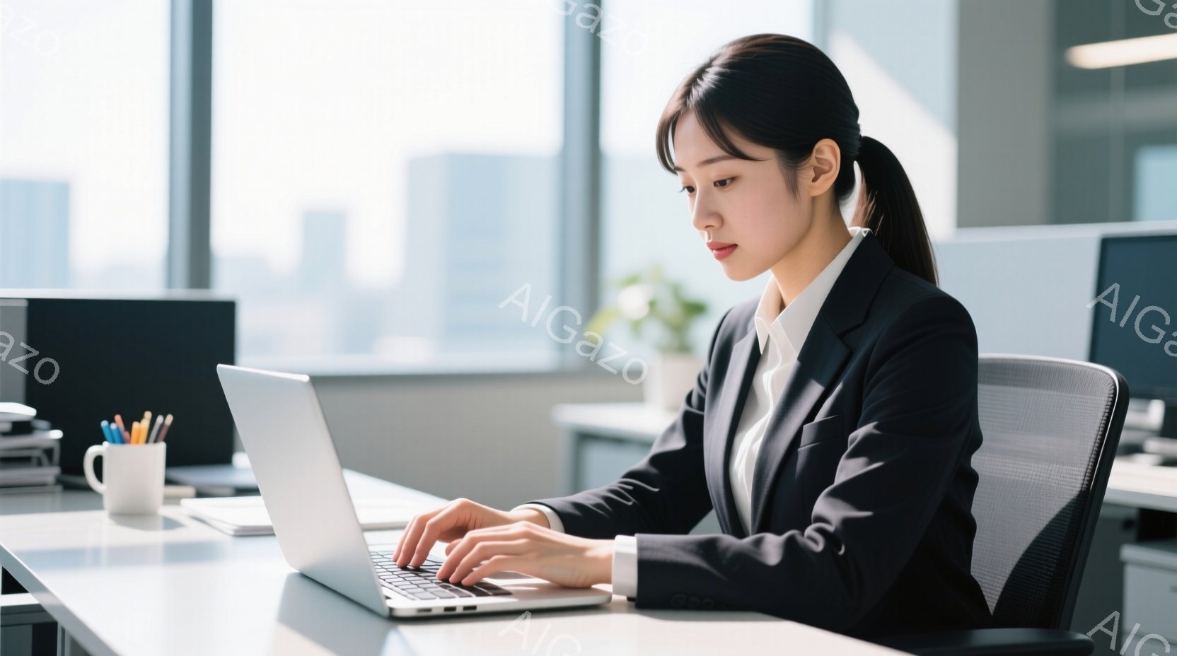 彼女はオフィスでノートパソコンに向かってタイピングしており、黒いスーツに白いシャツを着ています。髪は後ろでまとめており、真剣な表情で作業に集中しています。背景には高い建物が見え、明るい自然光が差し込み、モダンで洗練された雰囲気です。