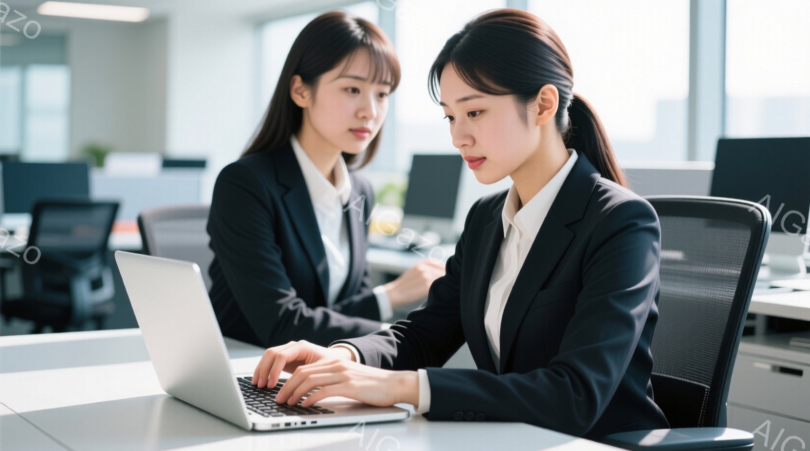 二人の女性がオフィスでパソコンに向かっています。どちらも黒いスーツに白いシャツを着ており、髪は後ろでまとめています。彼女たちは真剣な表情でパソコンの画面を見つめ、仕事に集中している様子が伺えます。 - AI生成フリー素材