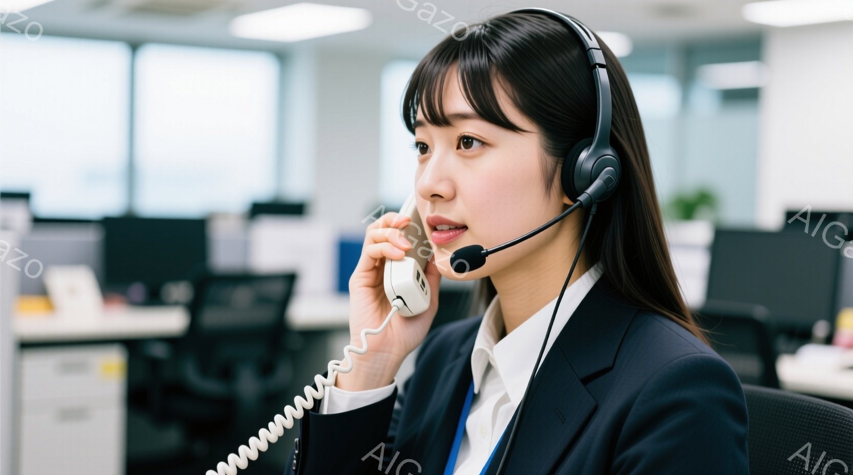 黒いブレザーと白いシャツを着た女性が、ヘッドセットを装着して電話を受けている。彼女は前髪を下ろしたロングヘアで、真剣な表情で通話に集中している。背景にはオフィスらしき空間がぼやけて見え、多くのデスクと - AI生成フリー素材