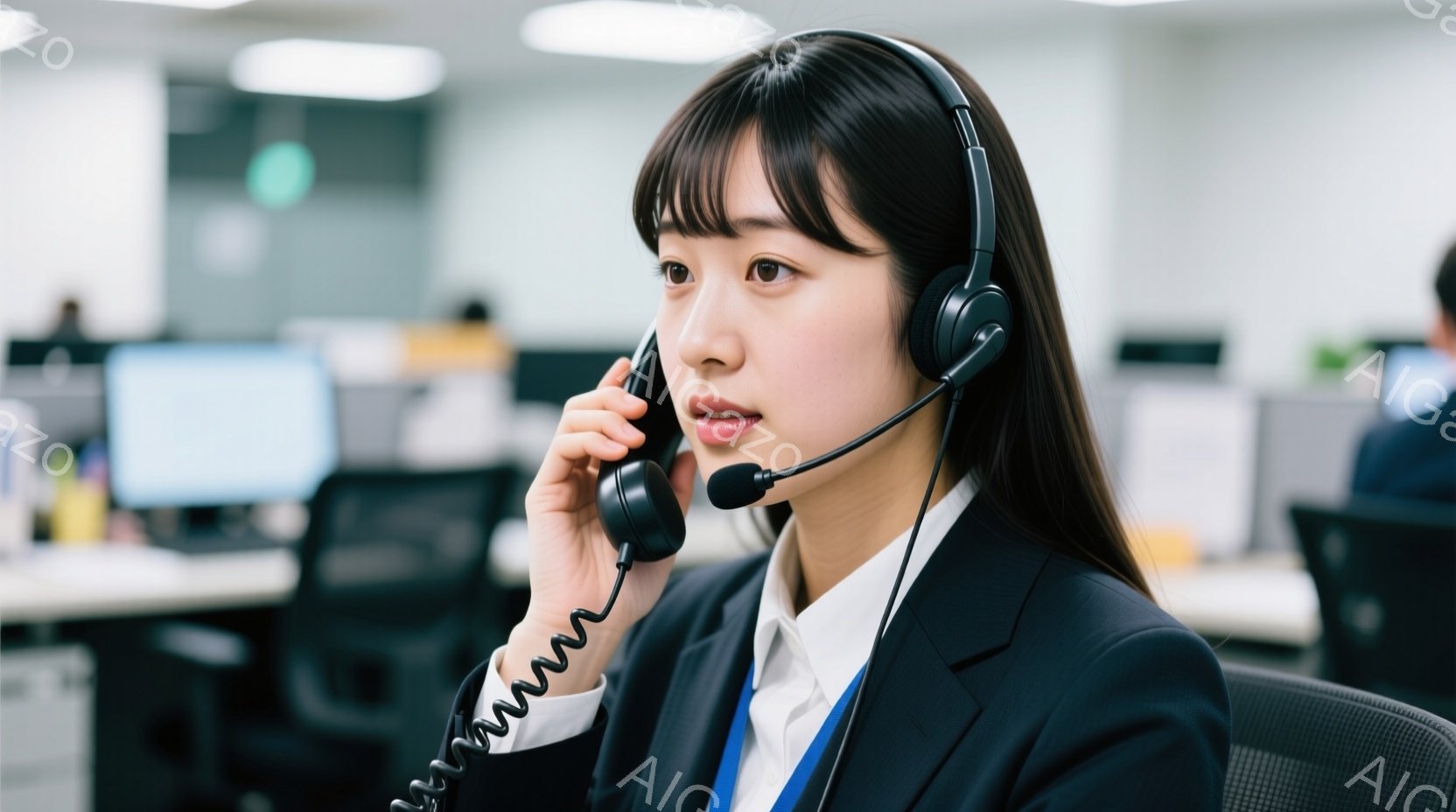 ヘッドセットを装着した若い女性が写っています。彼女は黒いジャケットと白いシャツを着ており、真剣な表情で電話を受けています。背景にはオフィスらしき空間が広がり、他の従業員やコンピューターが見えます。 - AI生成フリー素材