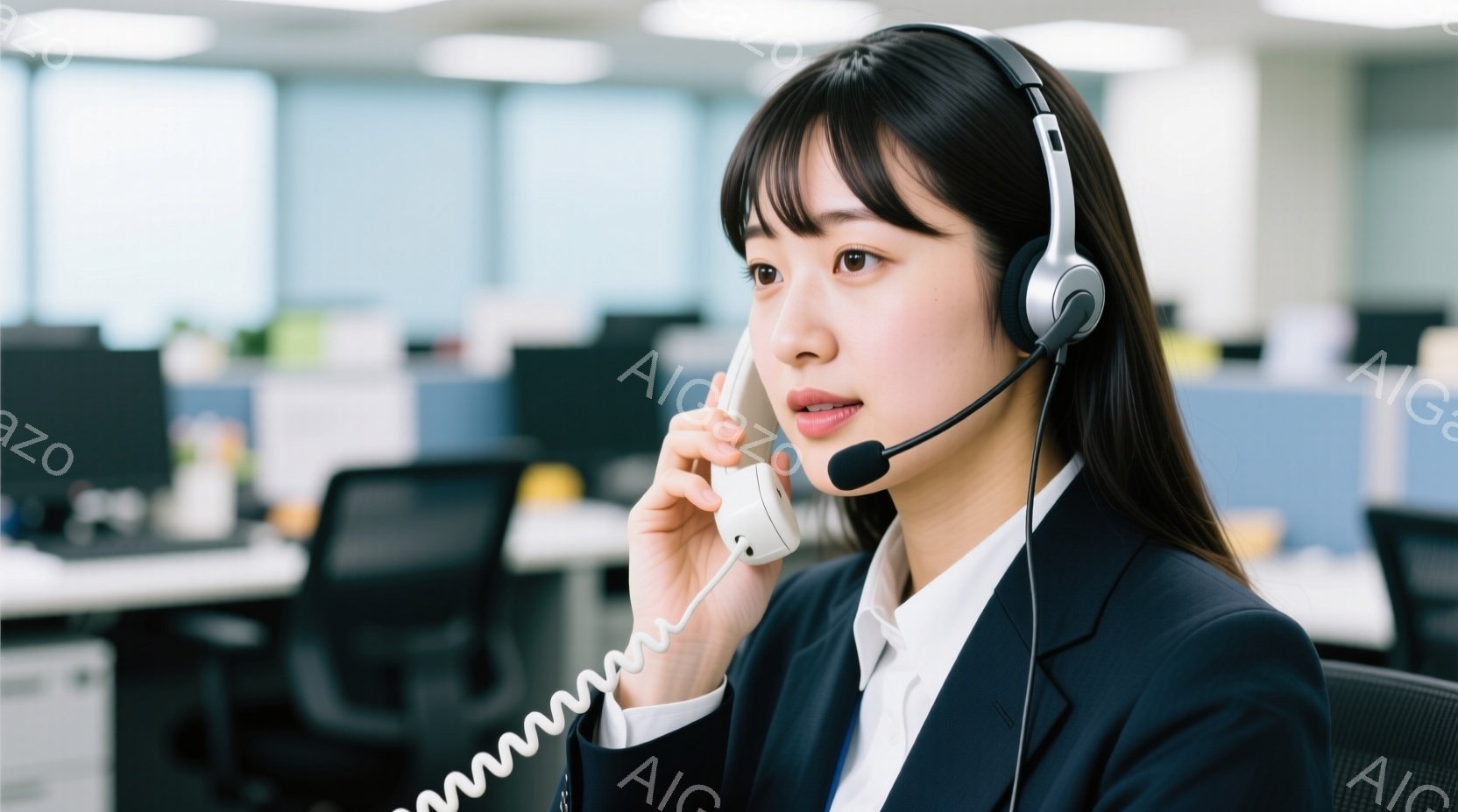 ヘッドセットを着用した若い女性が写っており、少し上を見つめながら話している様子が伺えます。彼女は黒いジャケットに白いシャツ姿で、髪は前髪を少しおろしたセミロングヘアです。背景にはオフィスが広がり、多くのデスクとパソコンが並んでおり、プロフェッショナルで忙しい雰囲気です。