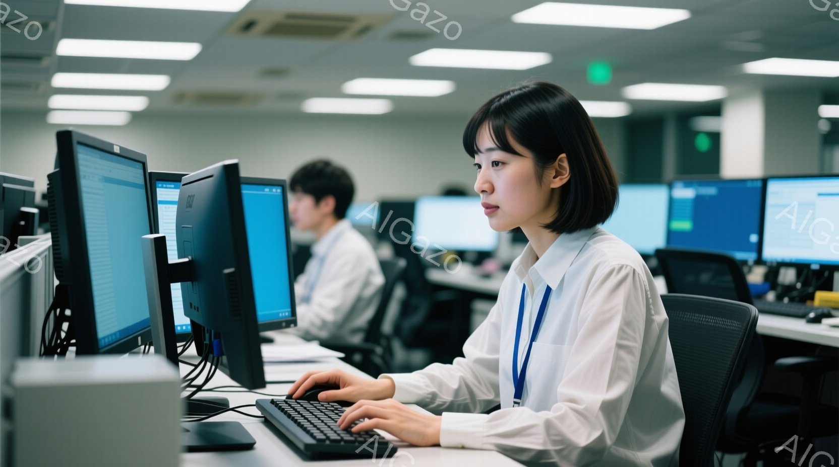 白いシャツを着た若い女性が、オフィスでコンピューターに向かってキーボードを操作している。彼女は短い黒髪で、少し考え込んでいるような表情をしており、首には身分証明書のような青い紐をかけている。背景には、同様のオフィス環境で作業する他の人も見え、全体的に集中した、静かな雰囲気が漂っている。