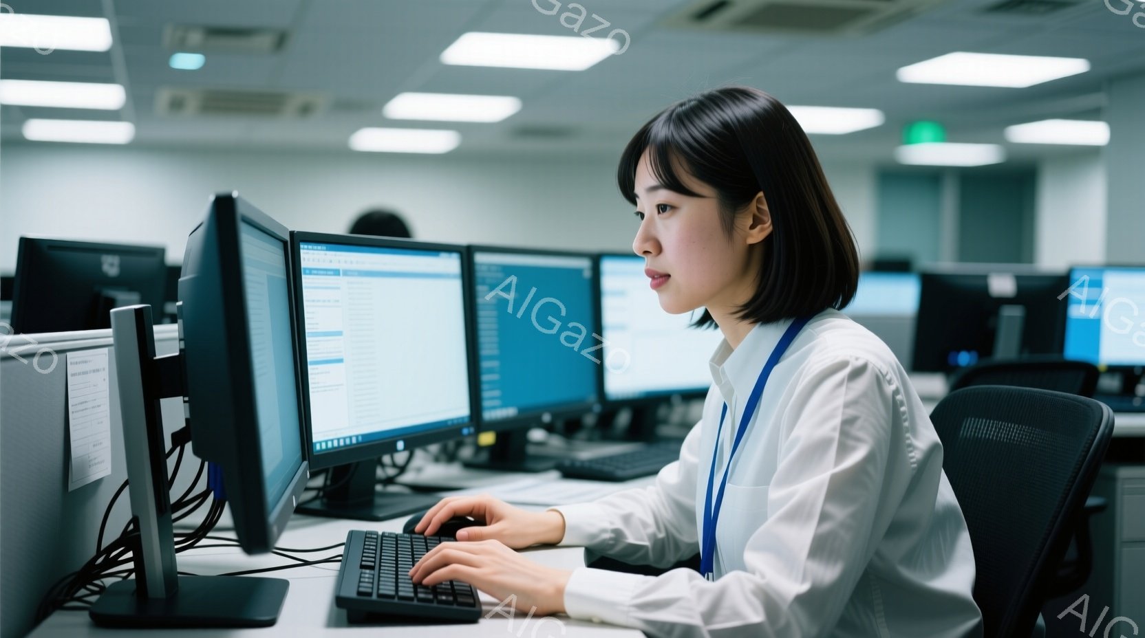 白いシャツを着た若い女性が、オフィスでパソコンに向かってキーボードを操作している。彼女は黒髪のショートヘアで、真剣な表情で画面を見つめている。背景には他のオフィスワーカーやパソコンが並び、全体的に落ち - AI生成フリー素材