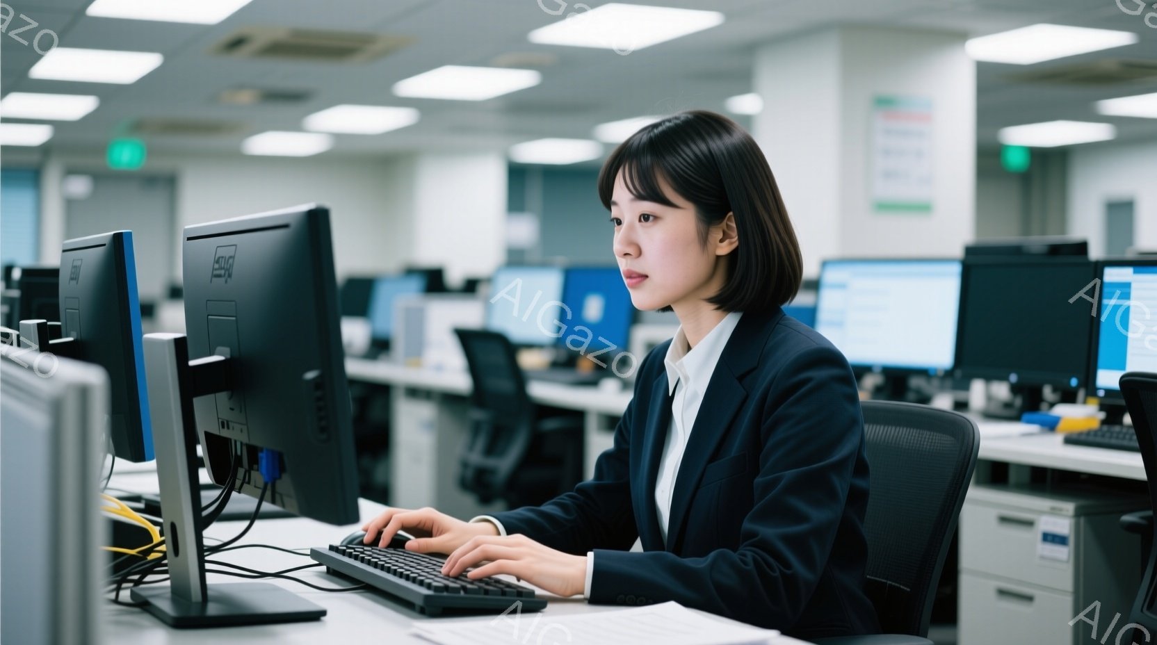 若い女性がオフィスでコンピューターに向かって仕事をしている様子が写っている。彼女は黒いジャケットと白いシャツを着ており、ショートヘアで表情は真剣だ。背景には他のコンピューターやオフィス家具が見え、全体 - AI生成フリー素材