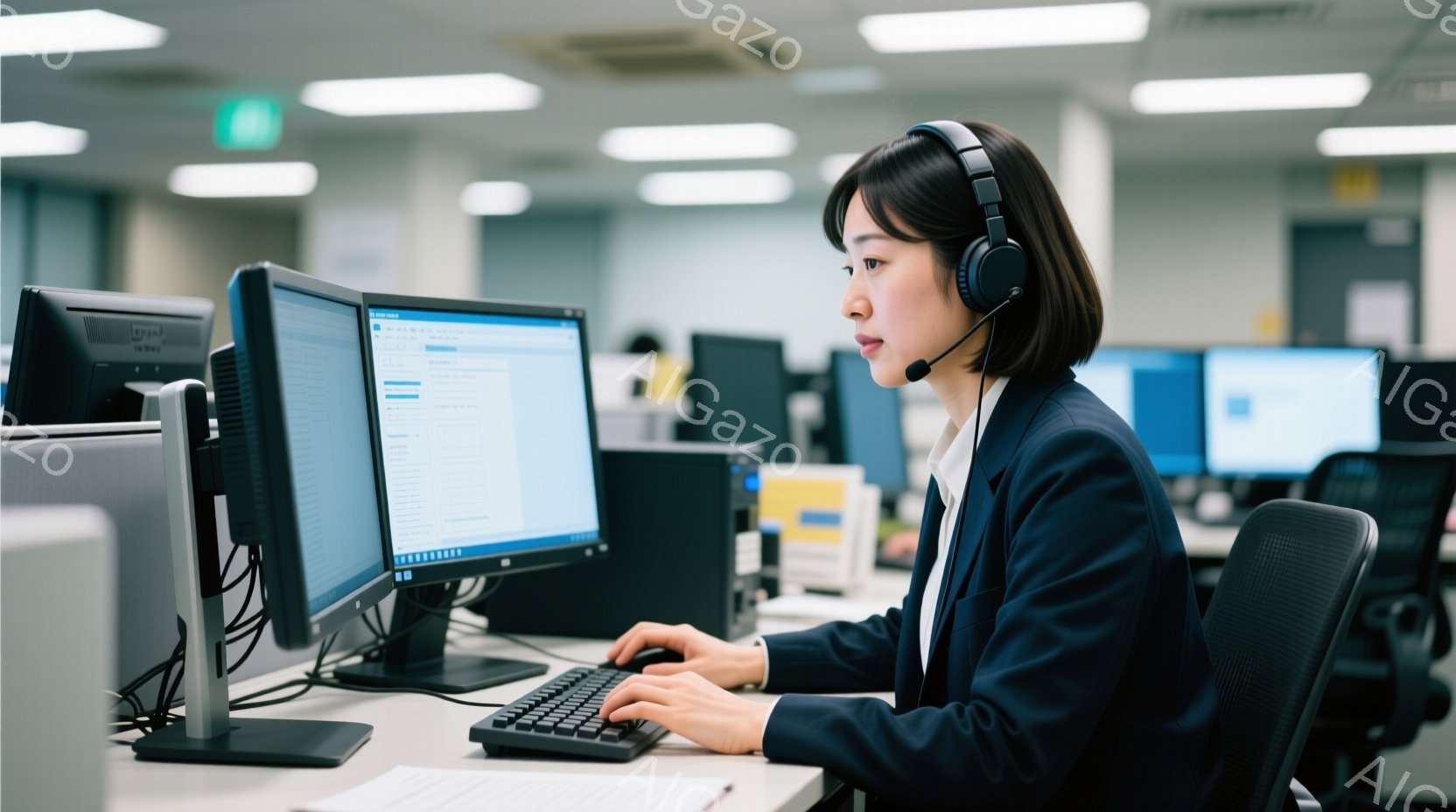 ヘッドセットを装着した女性が映っており、オフィスでパソコンに向かっています。彼女は紺色のスーツを着ており、髪は後ろでまとめています。真剣な表情でキーボードを操作しており、コールセンターやカスタマーサポートの仕事をしている様子が伺えます。