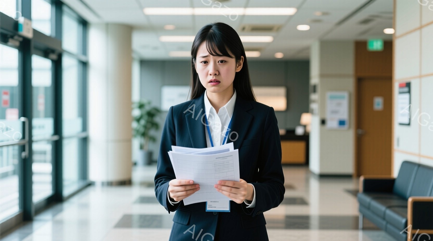 黒いスーツを着た若い女性が、書類を手に立っている。彼女は真剣な表情で、やや緊張した面持ちをしている。背景はオフィスのような廊下で、受付とソファー、そして書類が貼られた壁が見える。 - AI生成フリー素材