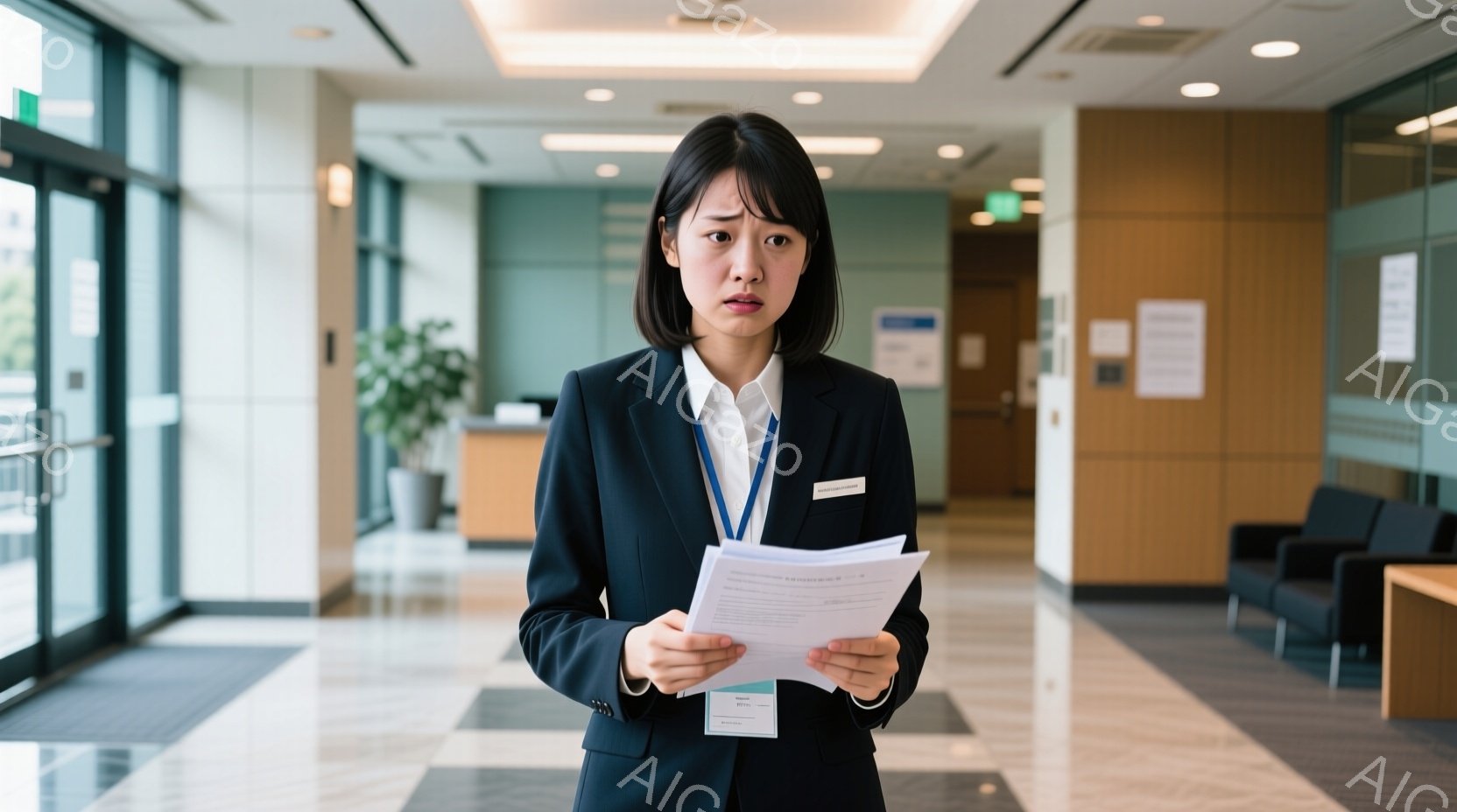 黒いスーツに白いシャツを着た若い女性が、書類を手に立っている。彼女は少し心配そうな表情をしており、姿勢はまっすぐである。背景には、ガラスのドア、受付、待合スペースがあり、明るい室内である。 - AI生成フリー素材