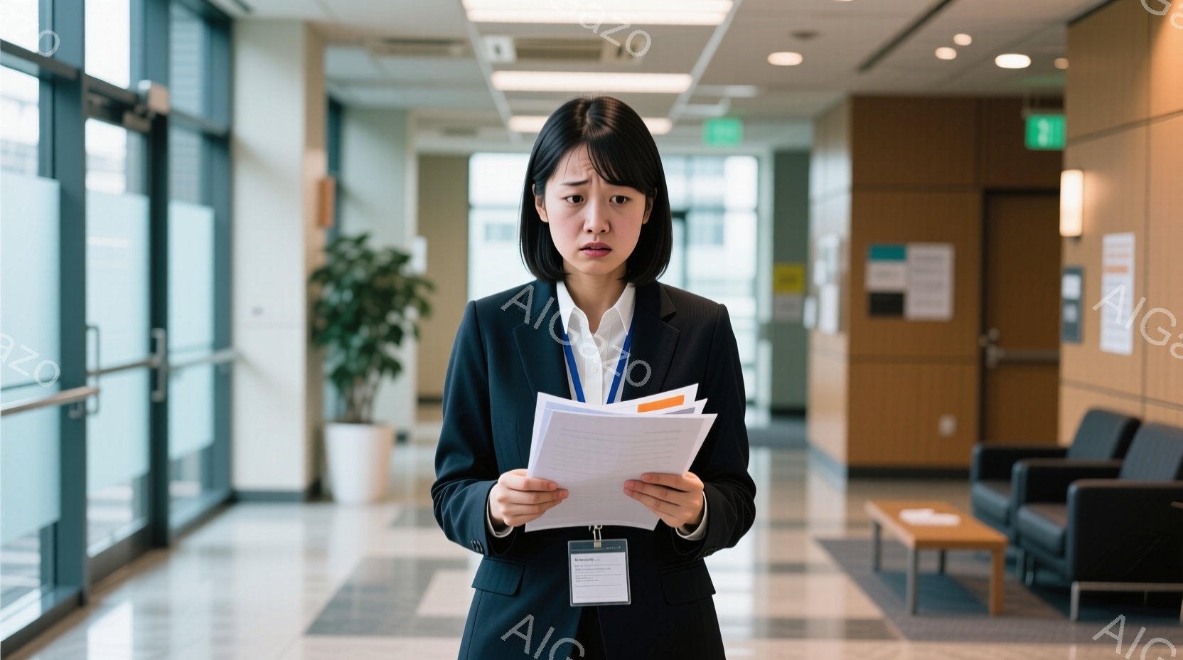 若い女性が、紺色のスーツと白いシャツを着て、書類の束を手に持っています。彼女はやや不安そうな表情で、何かを調べているかのように書類を見つめています。背景は、明るい廊下で、家具や植物が配置された待合スペ - AI生成フリー素材