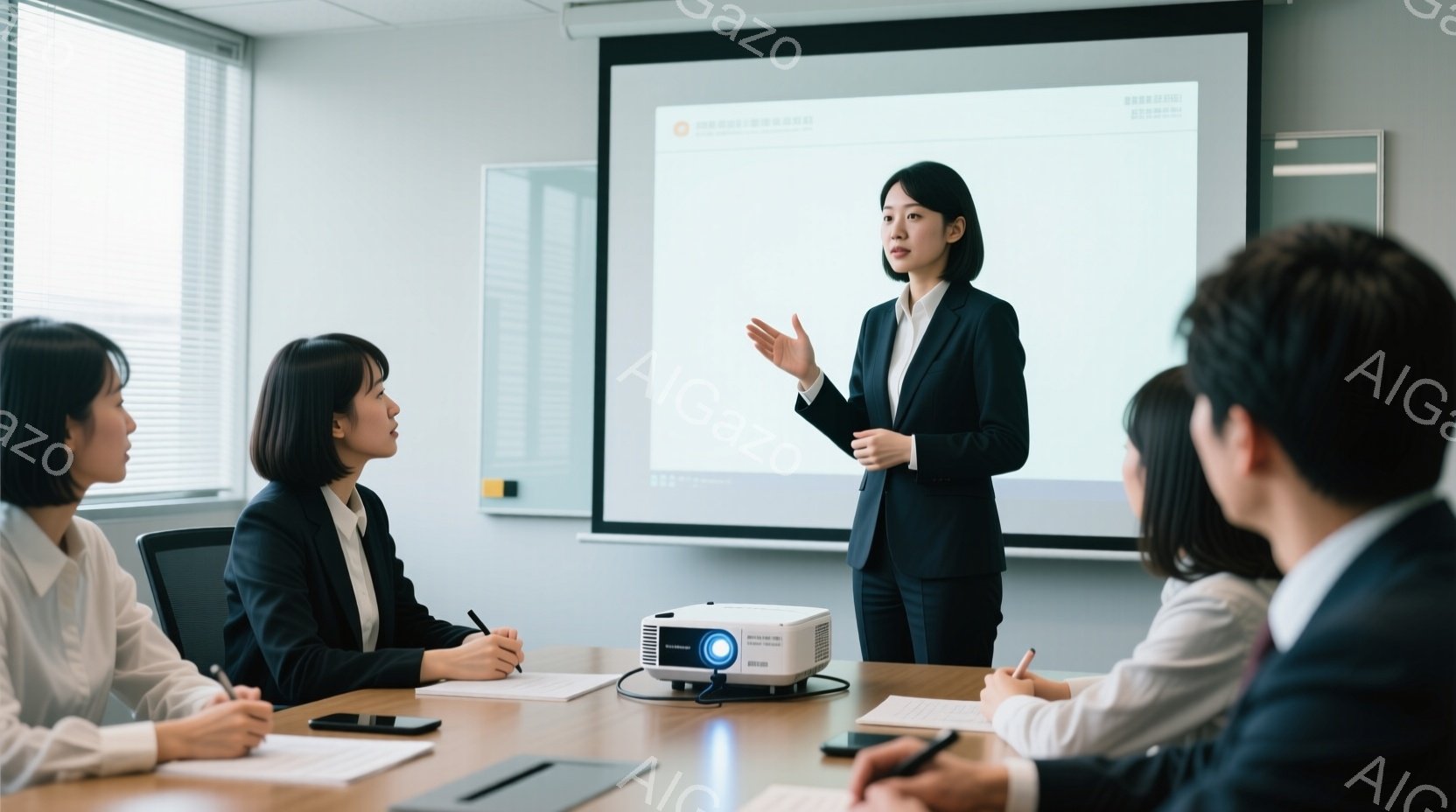 会議室で、一人の女性がプレゼンテーションを行っている。彼女は黒いスーツを着ており、髪は後ろにまとめられている。他の参加者はテーブルを囲んで座り、メモを取りながら彼女の話を聞いている様子で、真剣な雰囲気 - AI生成フリー素材