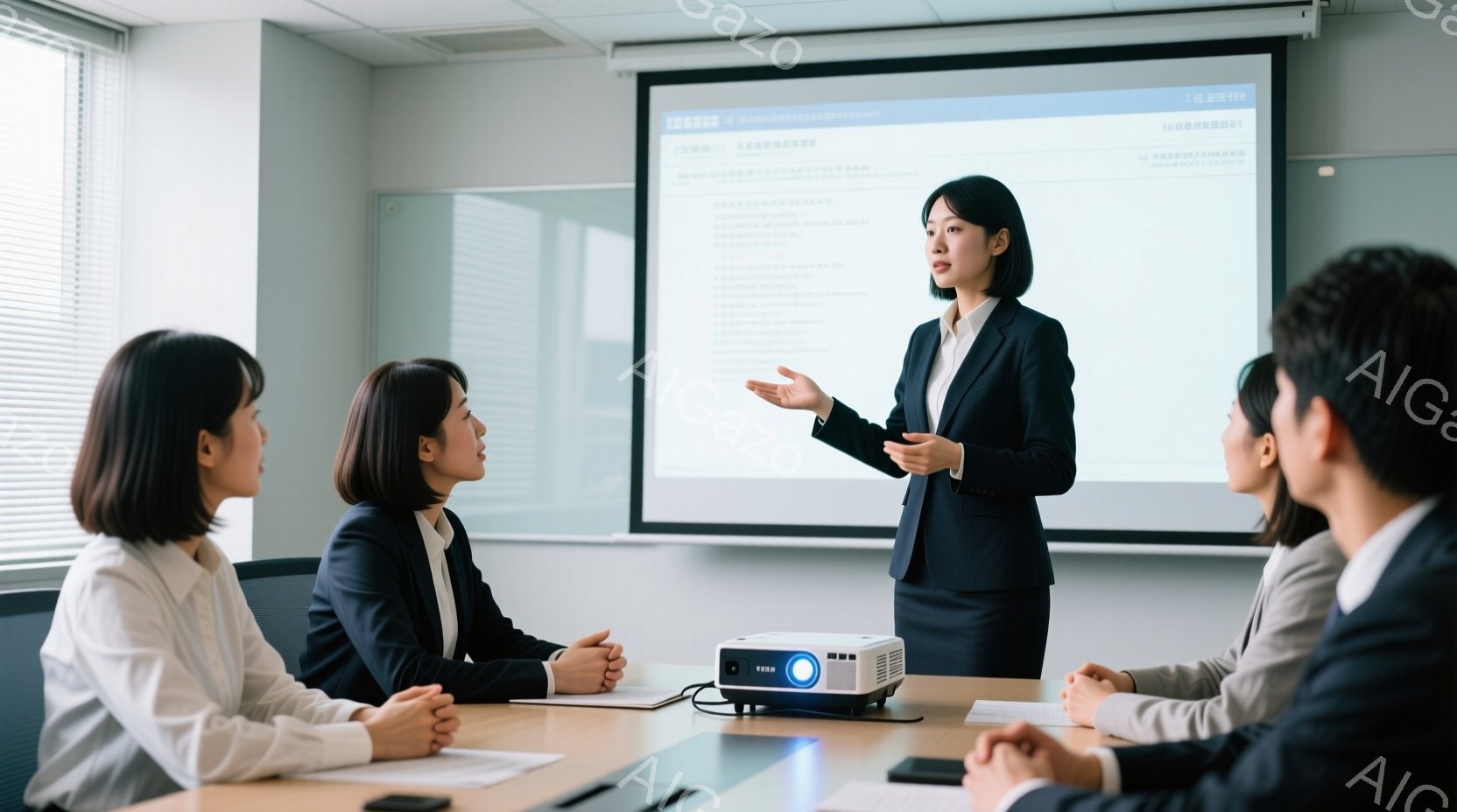 会議室で、一人の女性がプレゼンテーションをしている様子が写っている。彼女は黒いスーツと白いシャツを着ており、片手を広げて説明している。他の三人は、ベージュ色のジャケットを着たビジネスマンで、彼女の話に耳を傾けている。